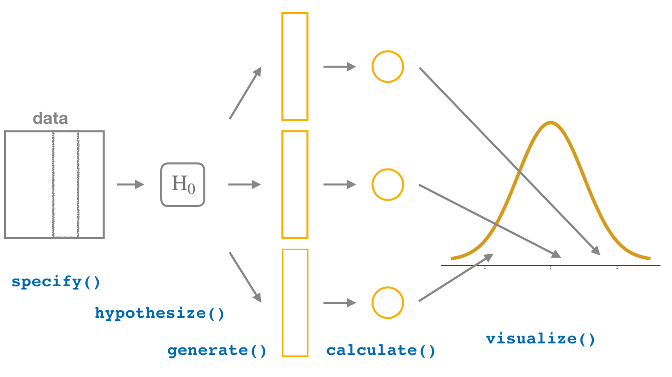 Flowchart showing the infer package workflow for hypothesis testing: specify, hypothesize, generate, calculate, and visualize.