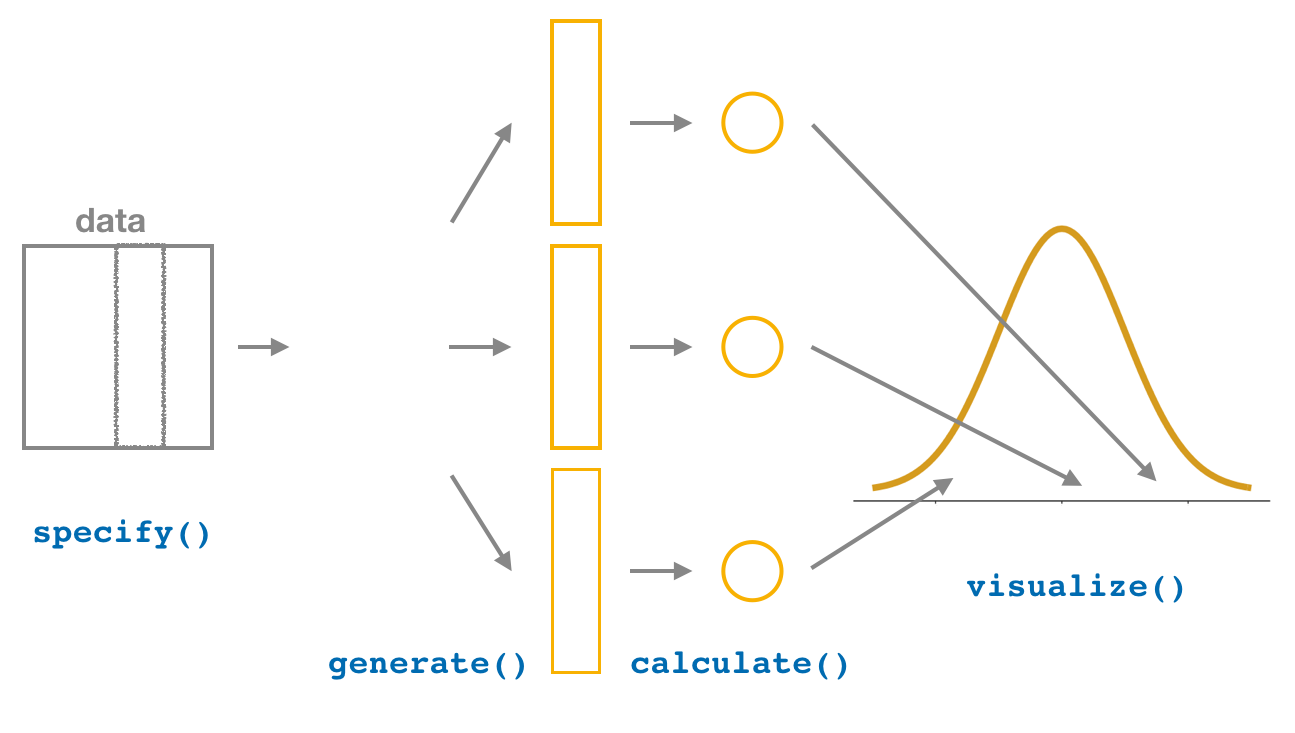 A flowchart diagram showing the visualize step in the infer workflow, displaying the bootstrap distribution as a histogram.