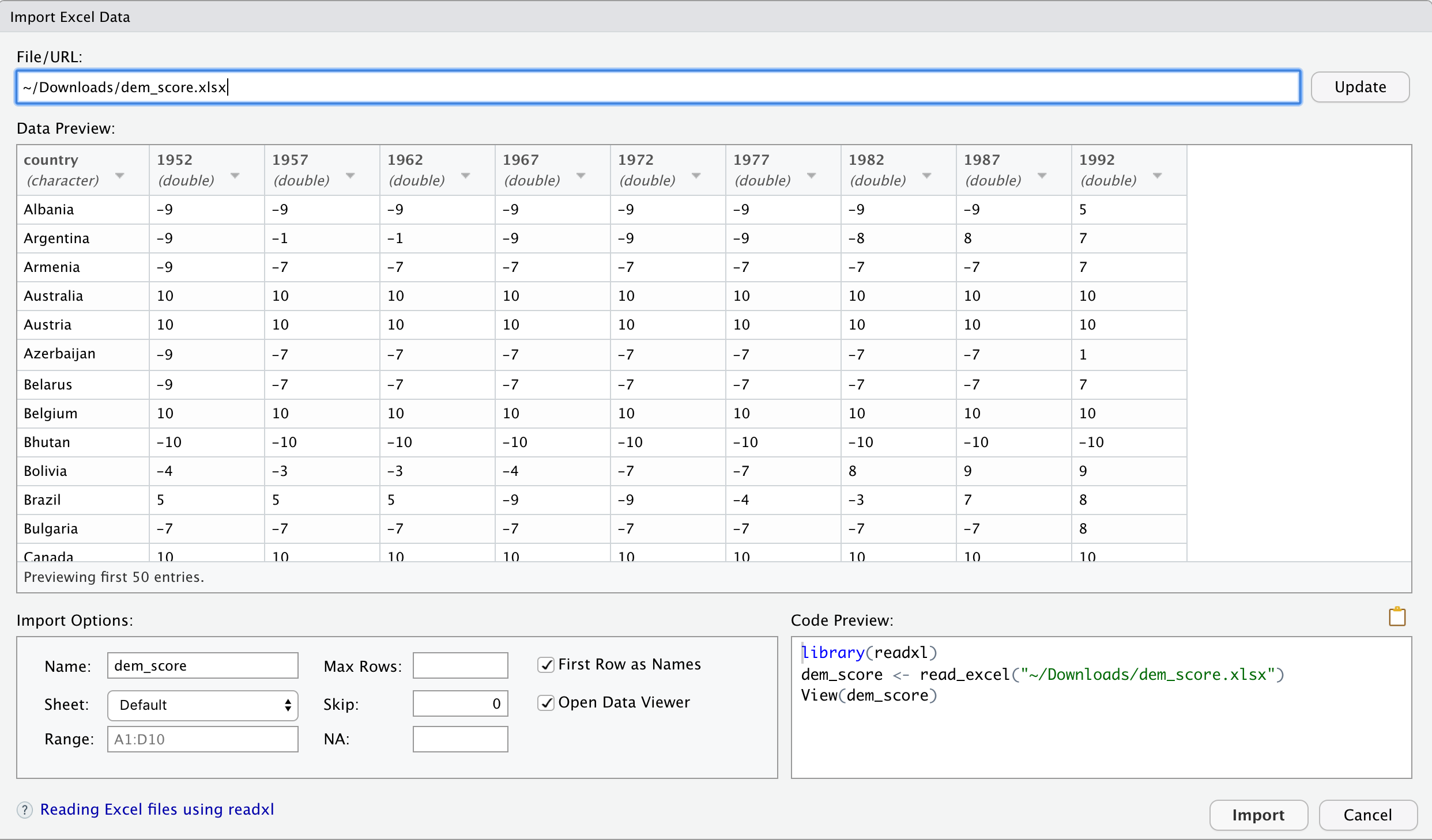 Screenshot of RStudio’s Import Dataset interface for reading an Excel file.