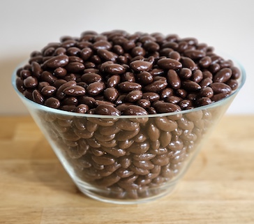 A large bowl filled with chocolate-covered almonds.