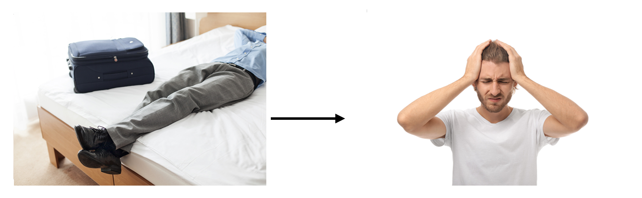Image illustrating the spurious correlation between sleeping with shoes on and waking up with a headache.