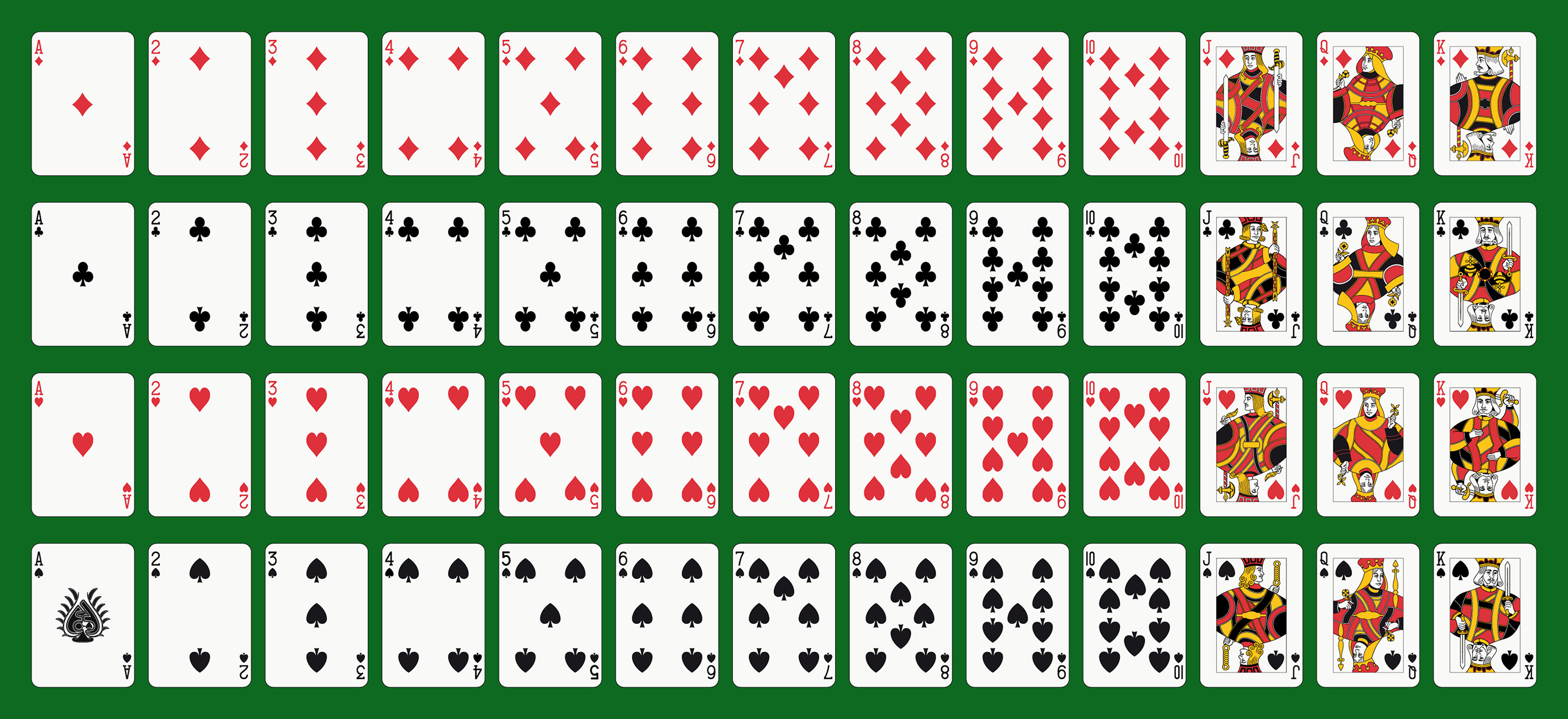 A standard deck of 52 playing cards spread out on a surface.