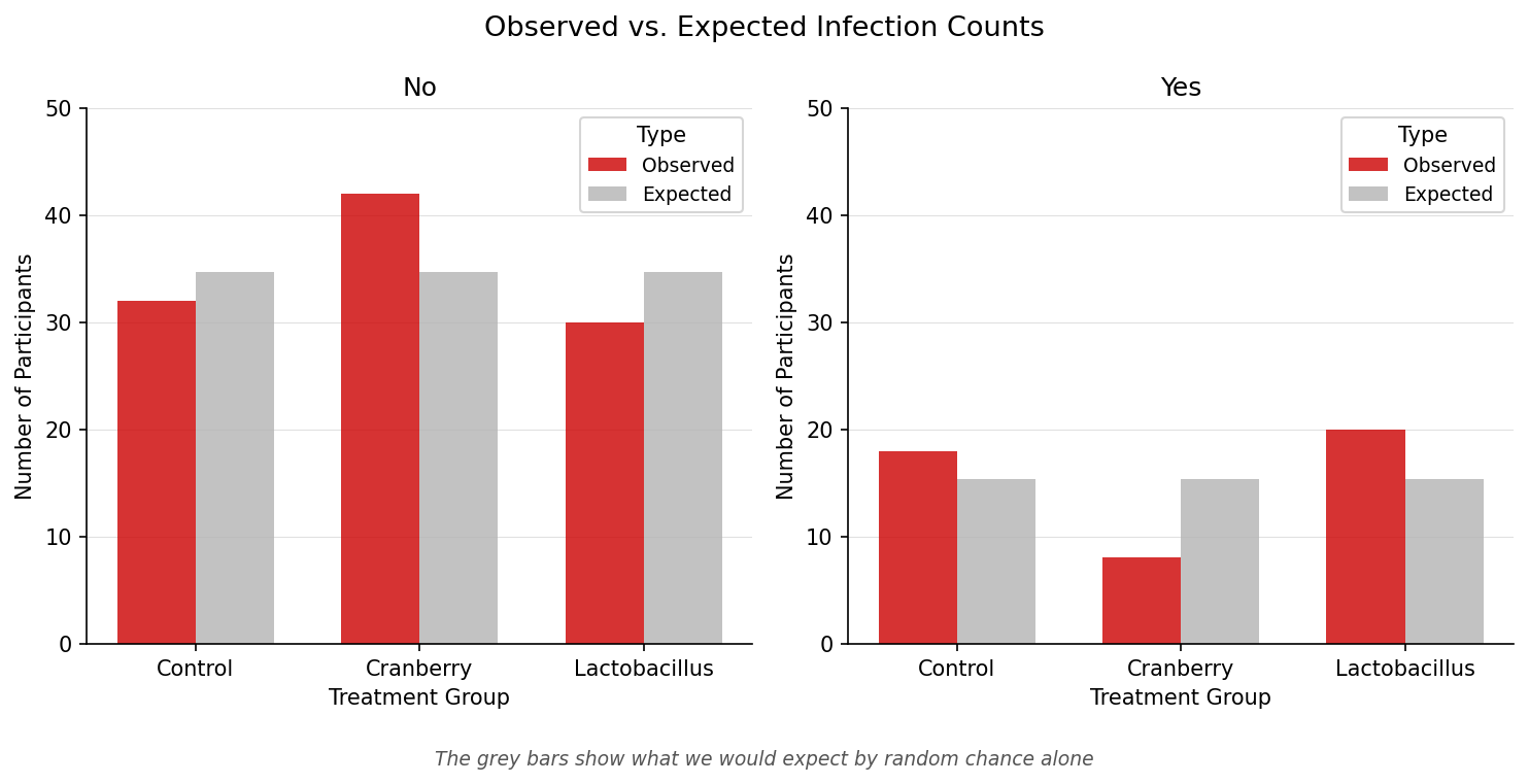 A faceted bar chart with two panels (No and Yes infection) showing observed (red) and expected (grey) counts for each treatment group. The Cranberry group shows the largest deviation from expected in the Yes panel.