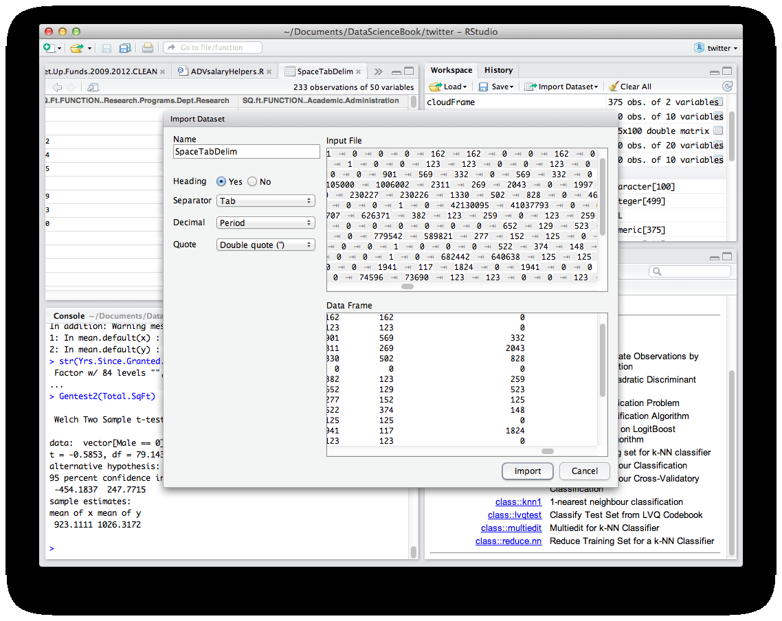 A screenshot of the R-Studio Import Dataset dialog box. The left side shows fields for Name (SpaceTabDelim), Heading (Yes selected), Separator (Tab), Decimal (Period), and Quote (Double quote). The right side shows an Input File preview with raw tab-delimited data and a Data Frame preview below showing the parsed columns and rows.