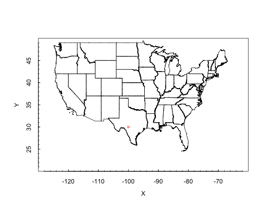 A map plot of the continental United States with state boundaries. A single small red circle is visible in southern Texas, representing the manually created point at longitude -100, latitude 30.