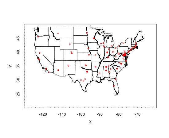 A map of the continental United States with state boundaries. Numerous red circles represent the locations of companies with DHHS contracts. The points are heavily concentrated in the northeastern states and the Washington DC area, with scattered points elsewhere across the country.