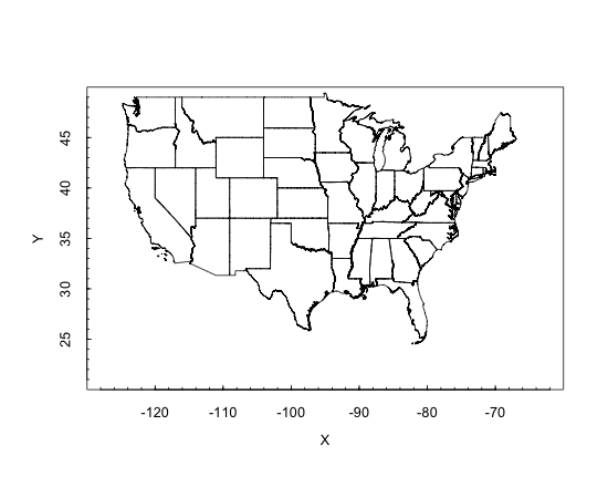 A map plot showing the continental United States with state boundaries. The X axis ranges from about -120 to -70 (longitude) and the Y axis from about 25 to 48 (latitude). Individual state outlines are clearly visible.