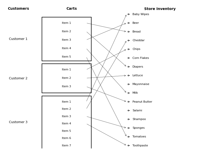 A diagram with three columns: Customers (Customer 1, Customer 2, Customer 3), Carts (boxes listing items each customer has selected), and Store Inventory (a list of products such as Baby Wipes, Beer, Bread, Cheddar, Chips, Corn Flakes, Diapers, Lettuce, Mayonnaise, Milk, Peanut Butter, Salami, Shampoo, Sponges, Tomatoes, and Toothpaste). Lines connect items in each cart to the corresponding products in the store inventory, illustrating the transaction data used in association rules mining.