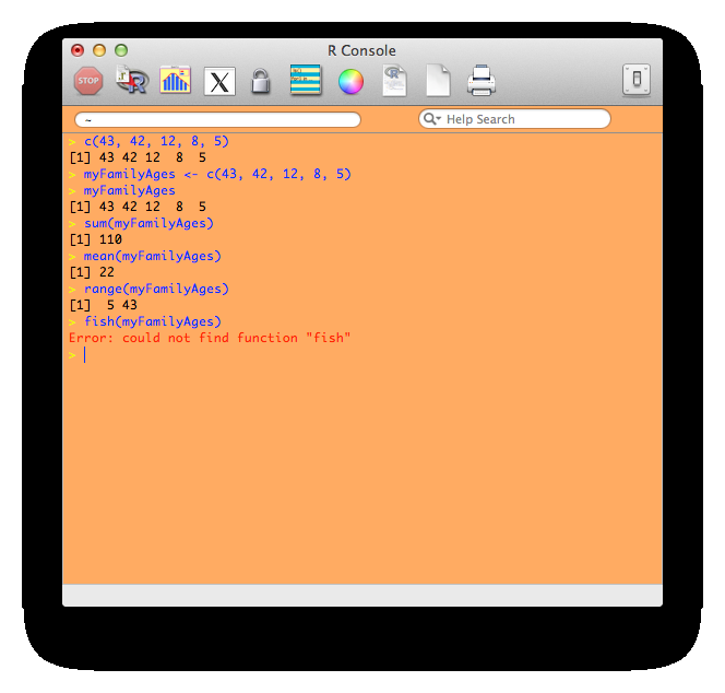 A screenshot of the R Console on a Mac with an orange background, showing commands: c(43,42,12,8,5) echoed back, myFamilyAges assigned, sum returning 110, mean returning 22, range returning 5 and 43, and fish returning an error that the function could not be found.
