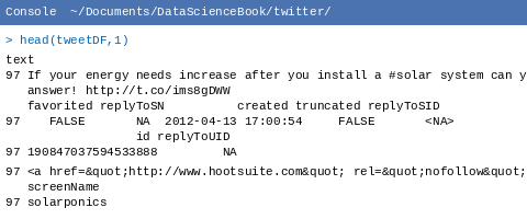 A screenshot of the RStudio console showing the command head(tweetDF,1) and its output. The output displays the fields of the first tweet including text, favorited, replyToSN, created, truncated, replyToSID, id, replyToUID, and screenName, with row number 97 and the tweet text about solar energy.