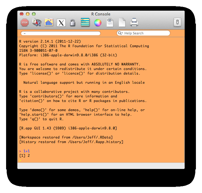 A screenshot of the R Console application on a Mac. The console has a bright orange background. Near the bottom, a greater-than symbol serves as the command prompt. The user has typed 1+1 and R has responded with [1] 2.