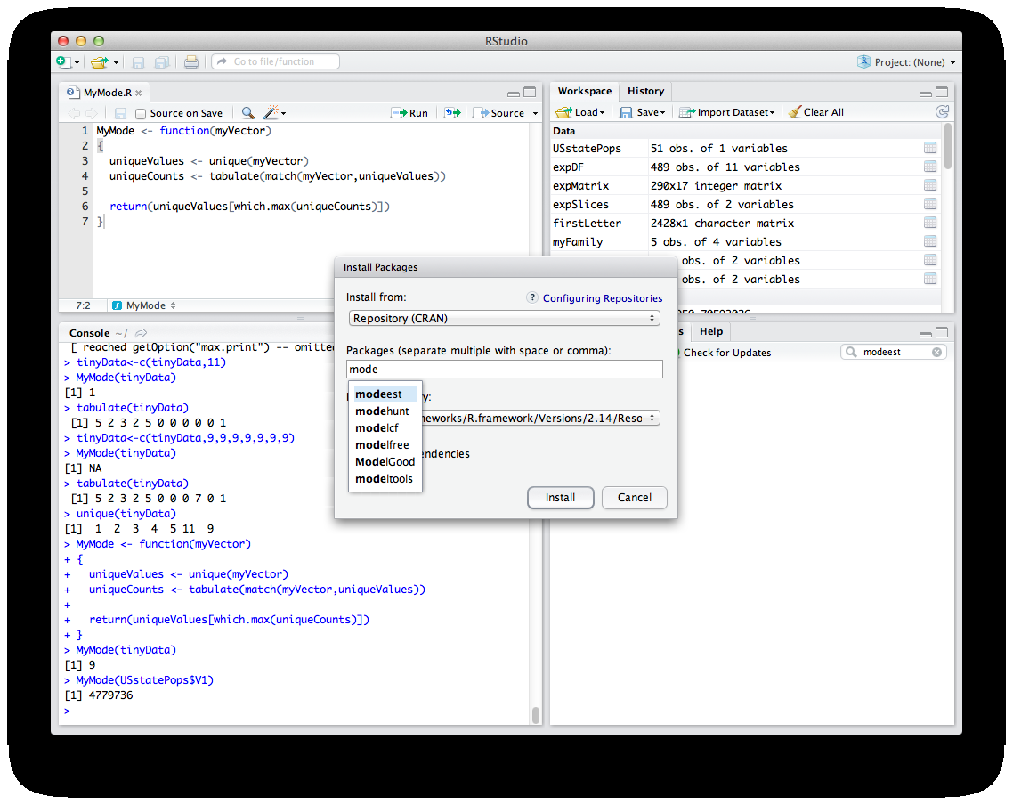A screenshot of RStudio on a Mac showing MyMode.R open in the script editor with the completed function. The Install Packages dialog is open with "mode" typed and showing package suggestions including modeest. The console shows test runs of MyMode and tabulate commands.