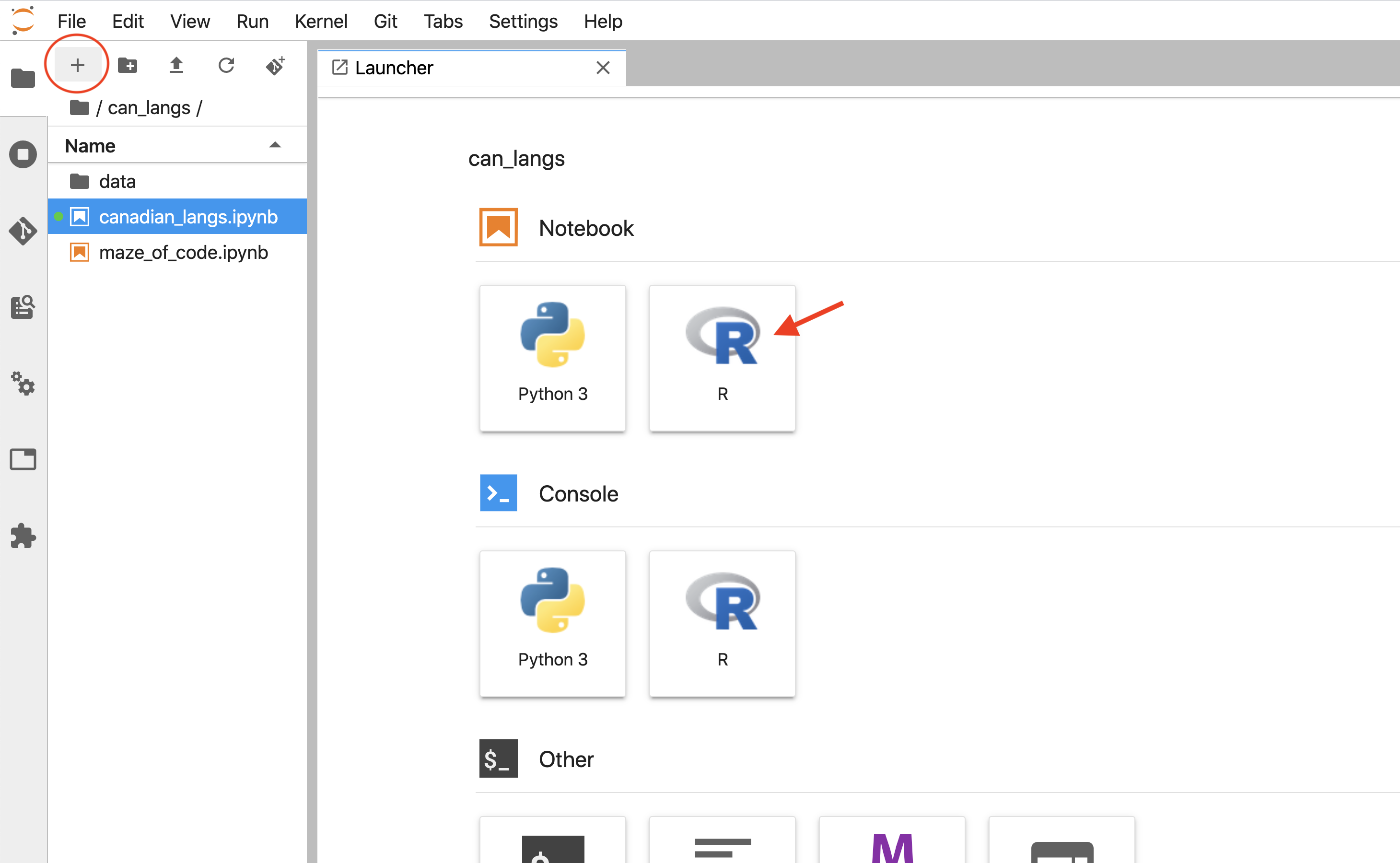 The JupyterLab launcher tab showing the Notebook section with an R icon highlighted.