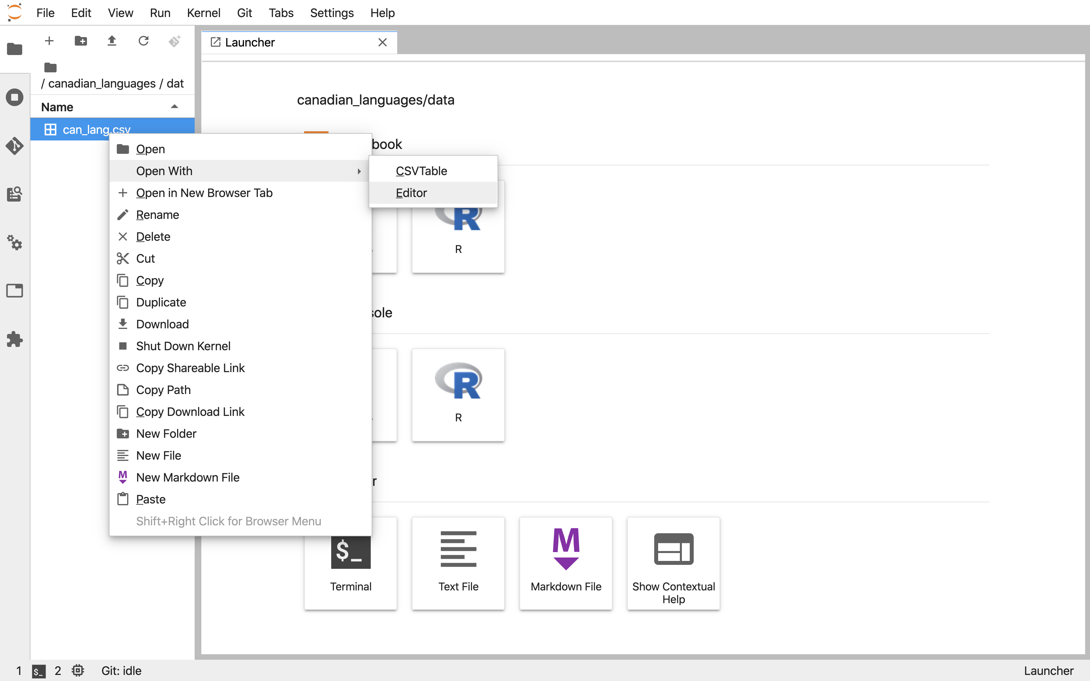 The Jupyter file browser context menu showing the Open With > Editor option selected.