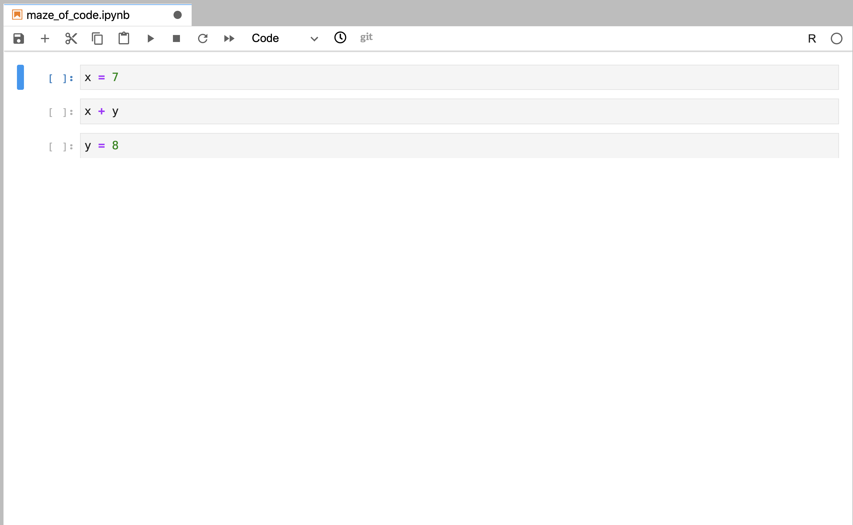 Two Jupyter code cells written in an order where the second cell defines y and the first cell uses y, neither having been executed yet.