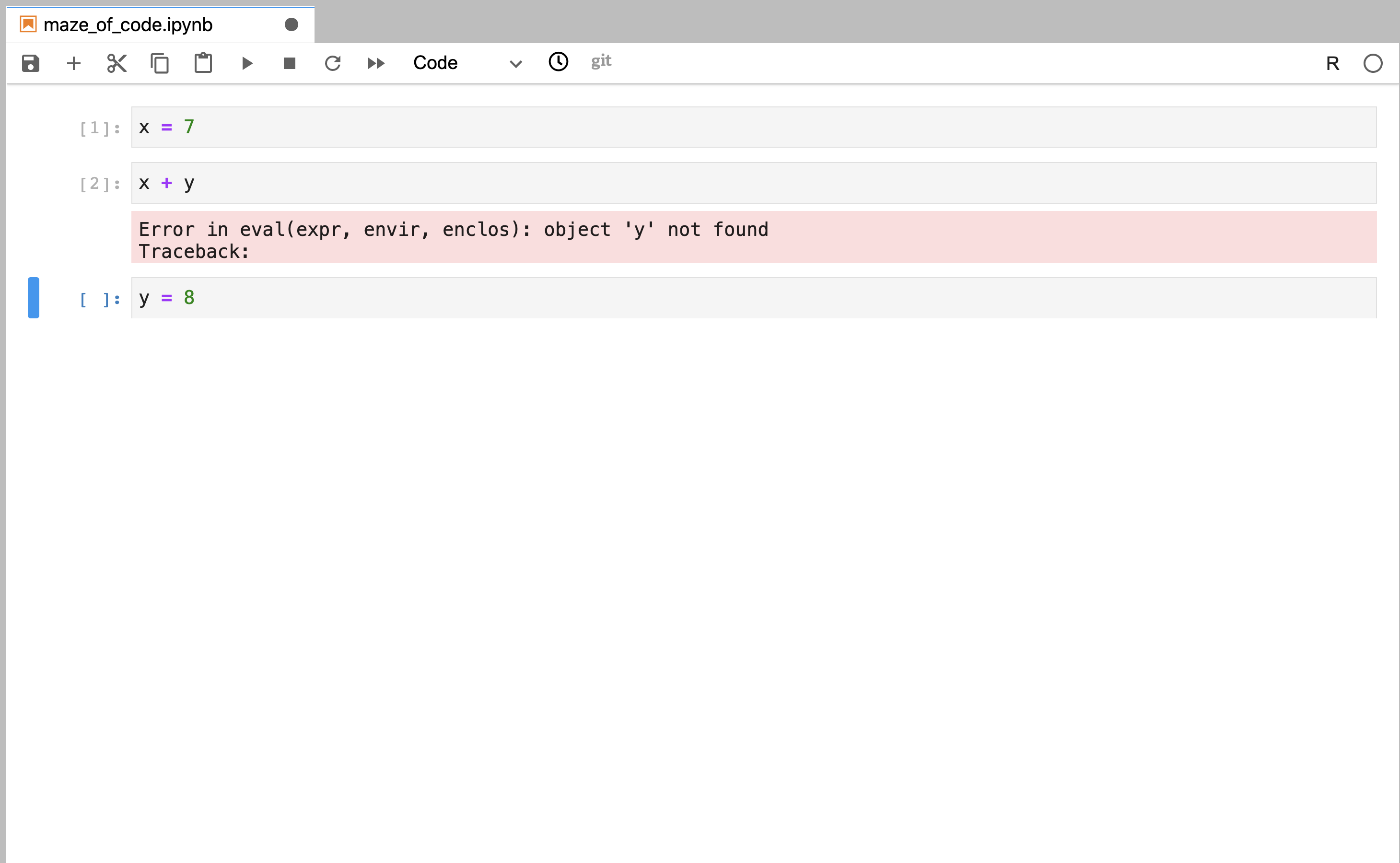 The same cells run linearly using Restart Kernel and Run All Cells, showing an error in the second cell because y was not yet defined.