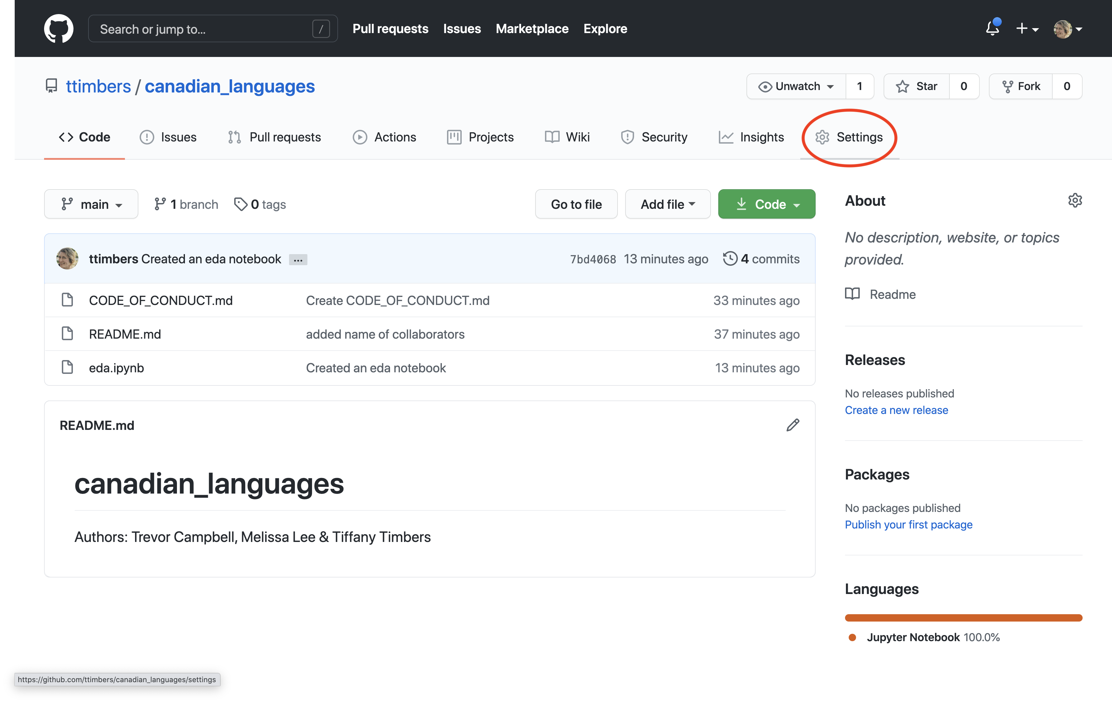 Screenshot of a GitHub repository page with the Settings tab highlighted in the navigation bar.
