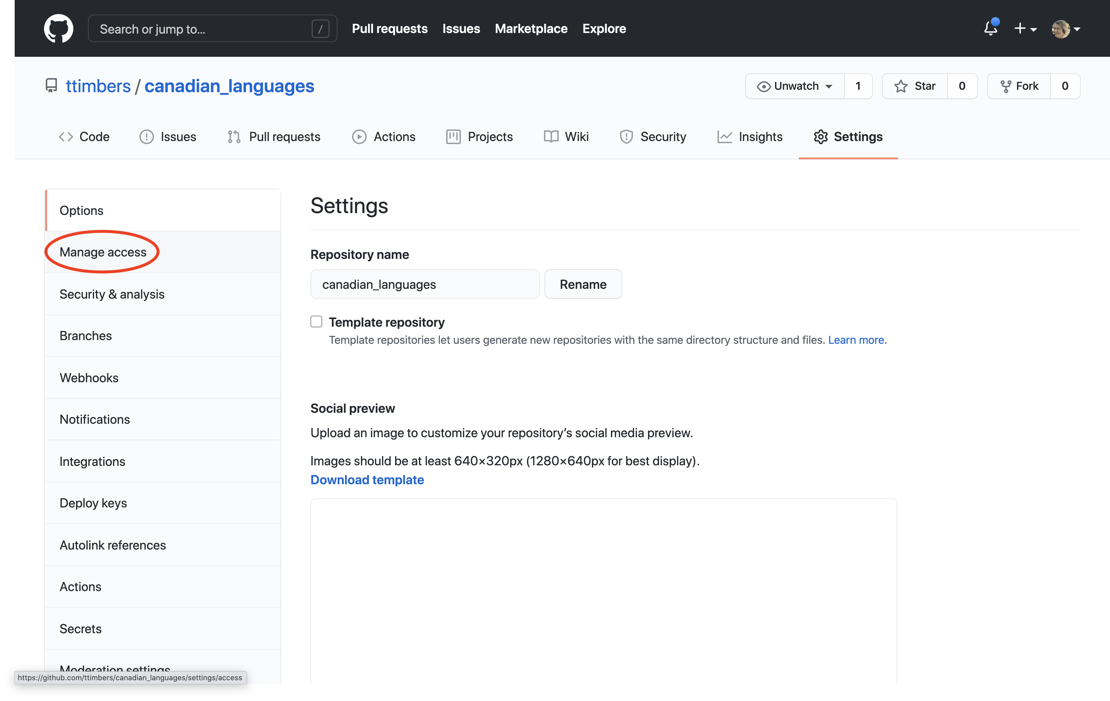 Screenshot of the GitHub repository Settings page with "Manage access" highlighted in the left-hand settings menu.