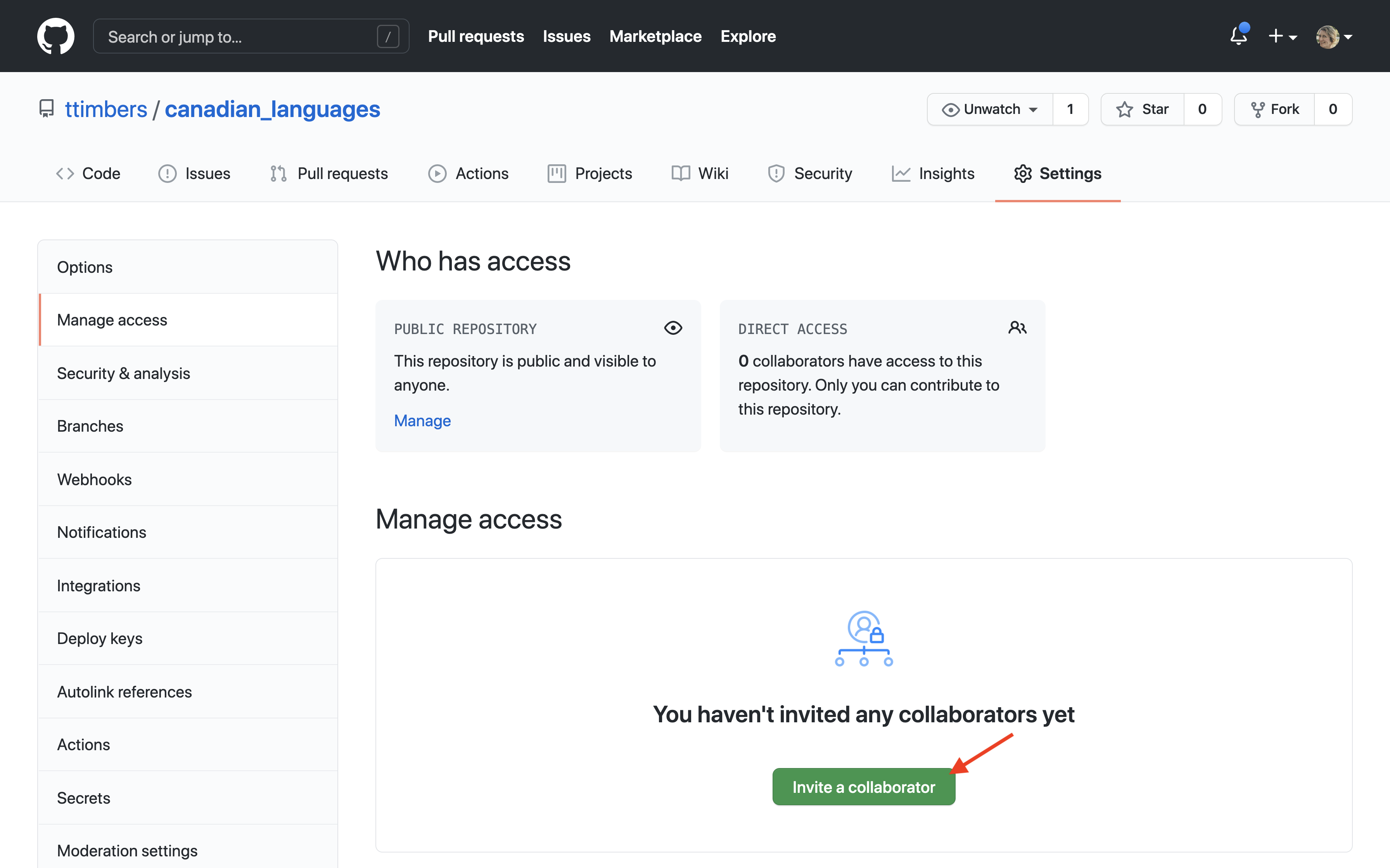 Screenshot of the GitHub Manage access page showing the green "Invite a collaborator" button.