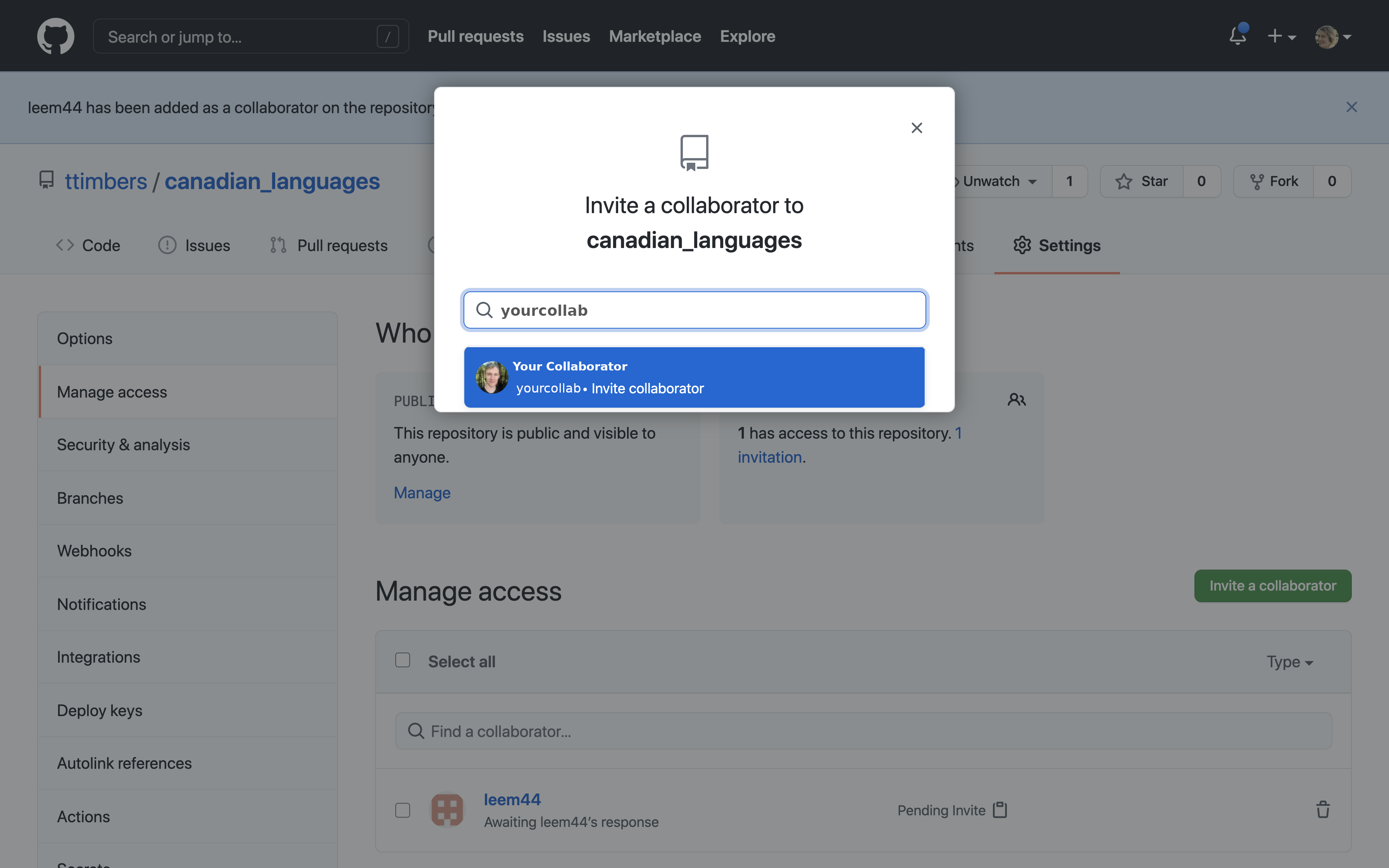 Screenshot of the GitHub collaborator invitation dialog with a search box to look up users by username or email.