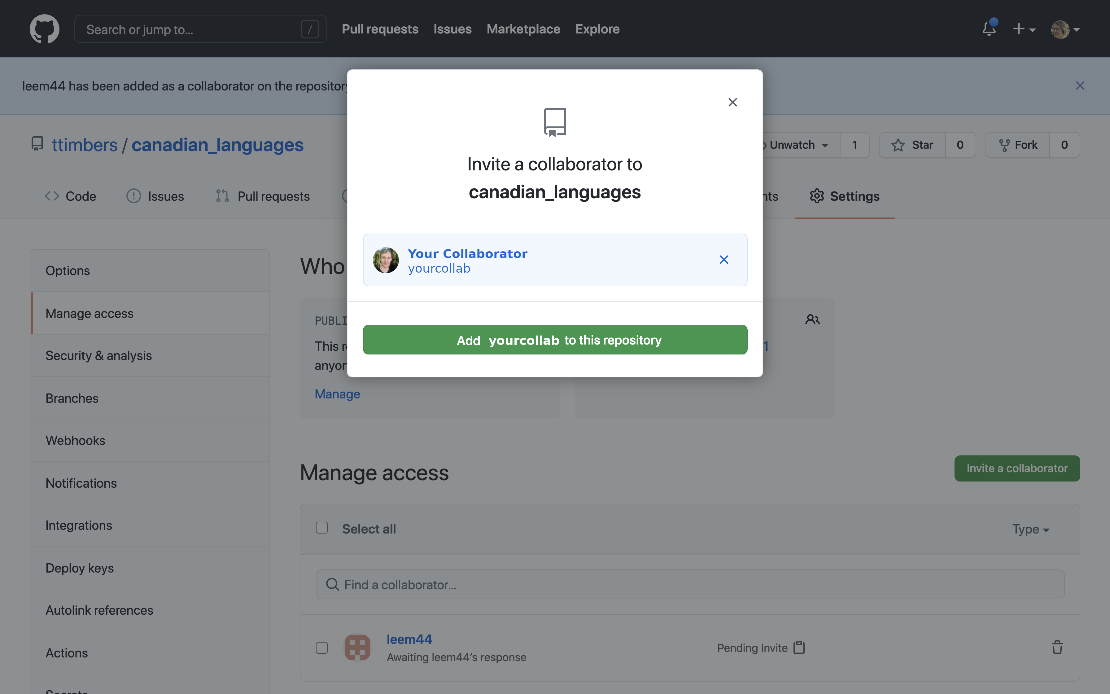 Screenshot of the GitHub collaborator invitation page showing the green "Add collaborator to this repository" confirmation button.
