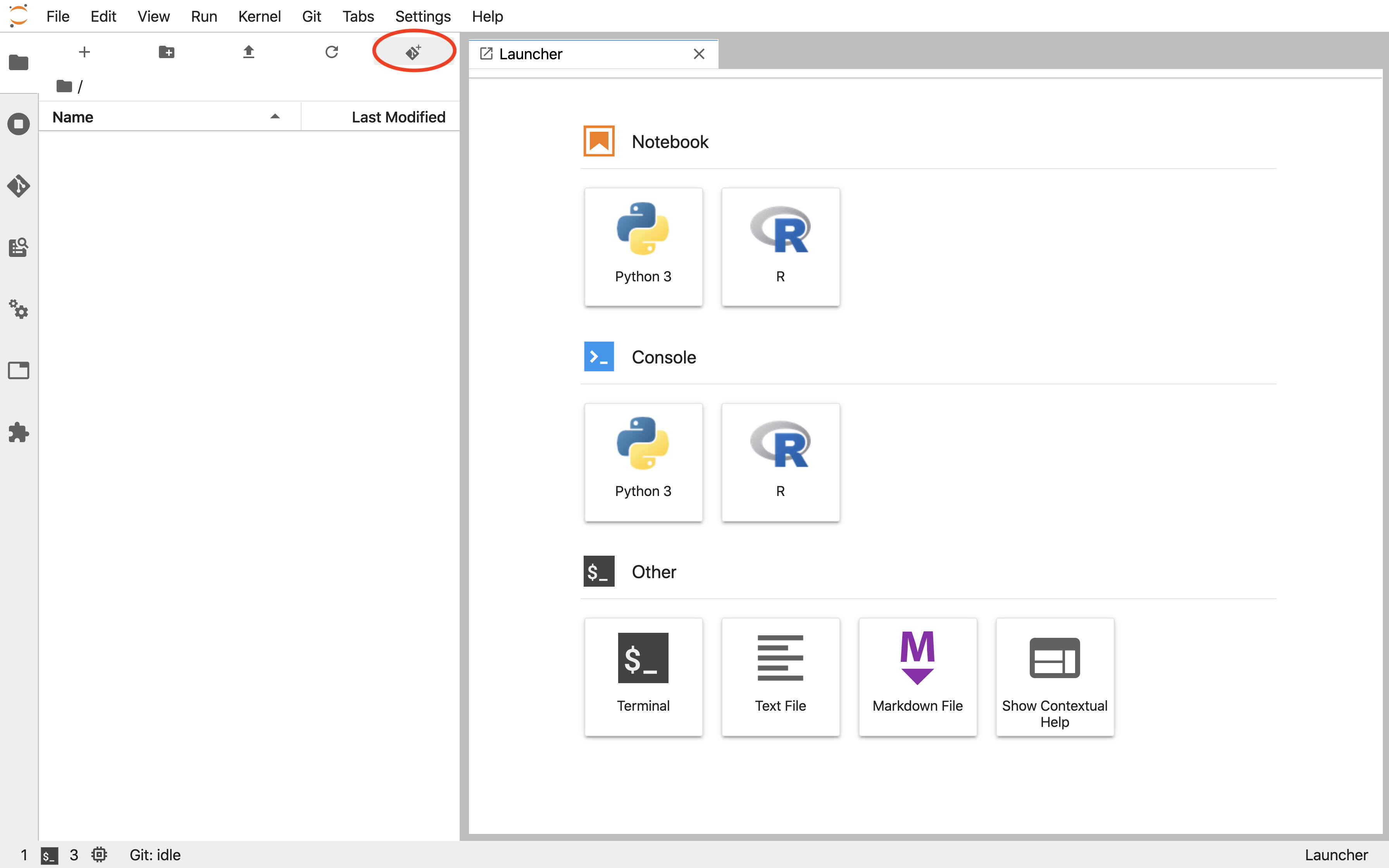 Screenshot of the Jupyter file browser with the Git Clone icon circled in red in the toolbar.