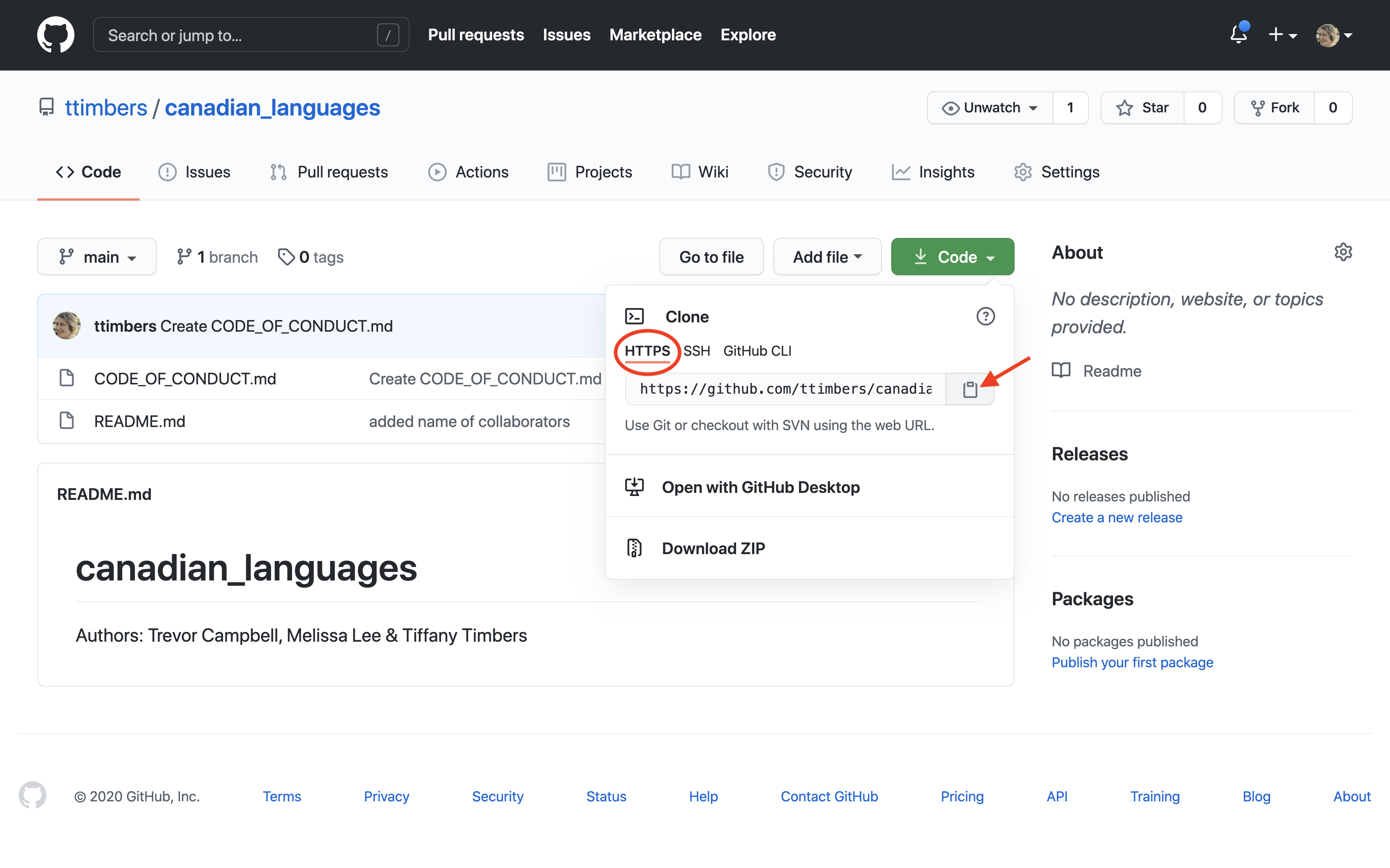 Screenshot of the GitHub repository page showing the green Code drop-down menu with the HTTPS URL for cloning.