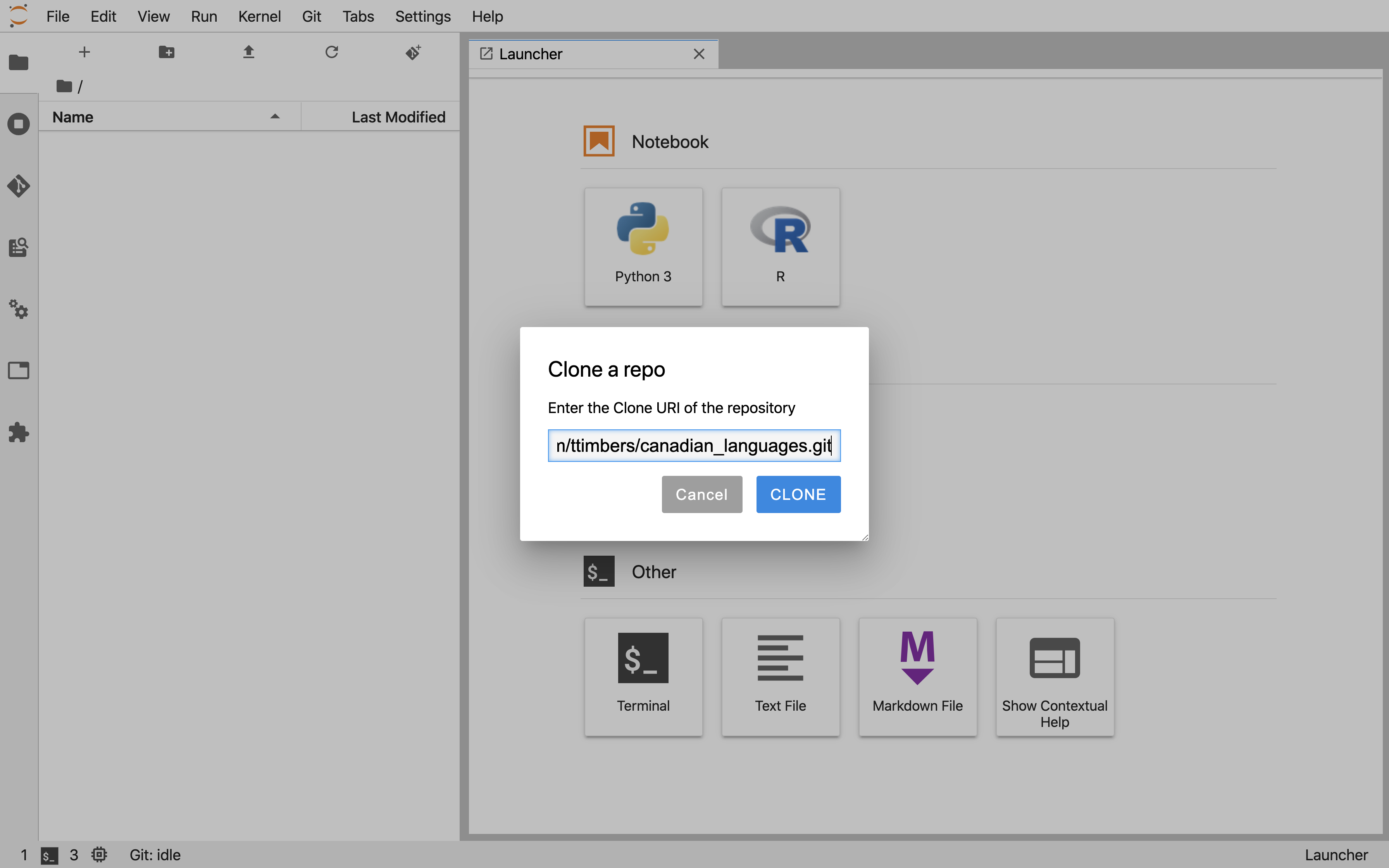 Screenshot of the Jupyter Git clone dialog box with a text field for the repository URL and a blue CLONE button.