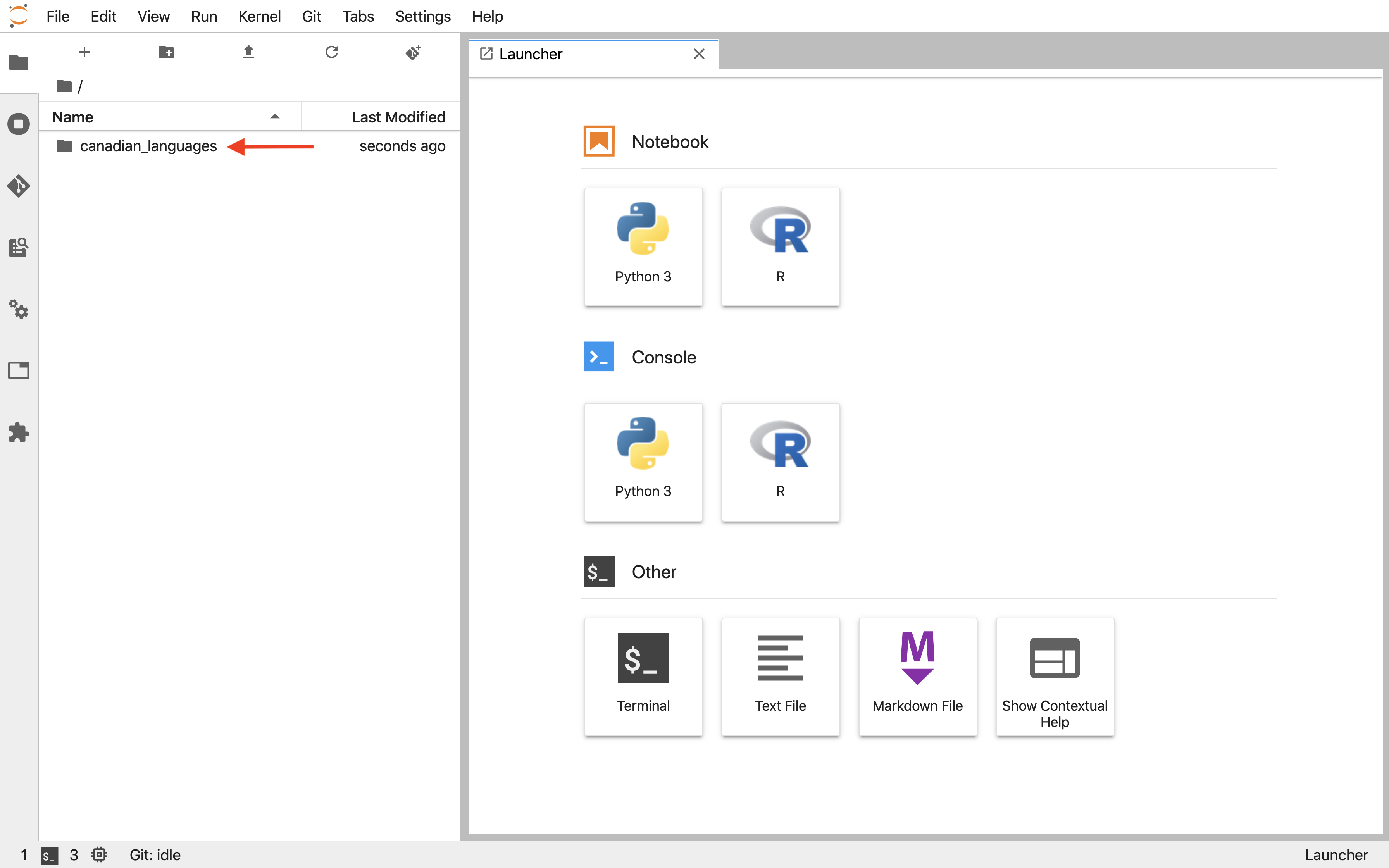 Screenshot of the Jupyter file browser showing the newly cloned canadian_languages repository folder and its contents.