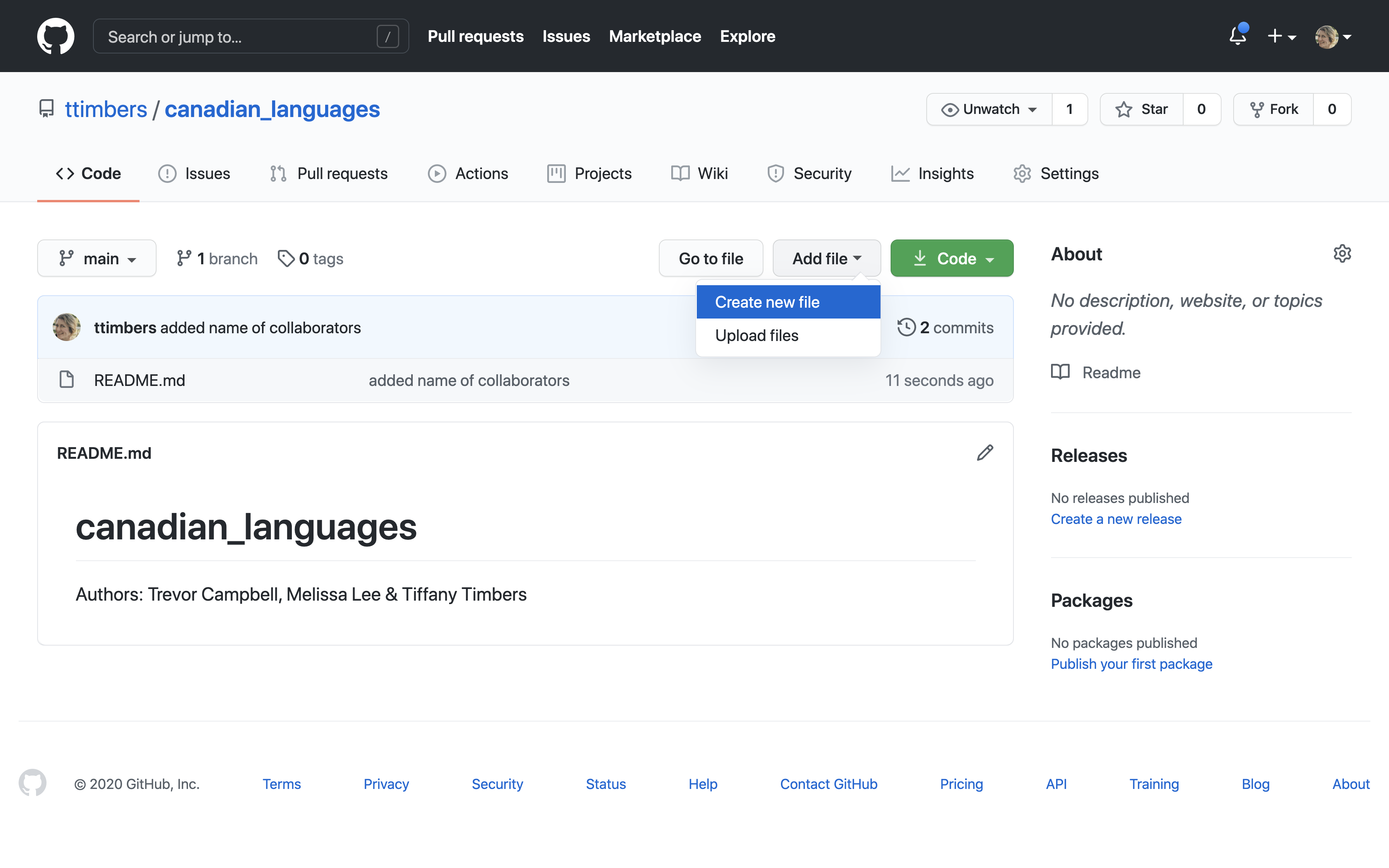 Screenshot of the GitHub repository page showing the "Add file" drop-down menu with "Create new file" highlighted.