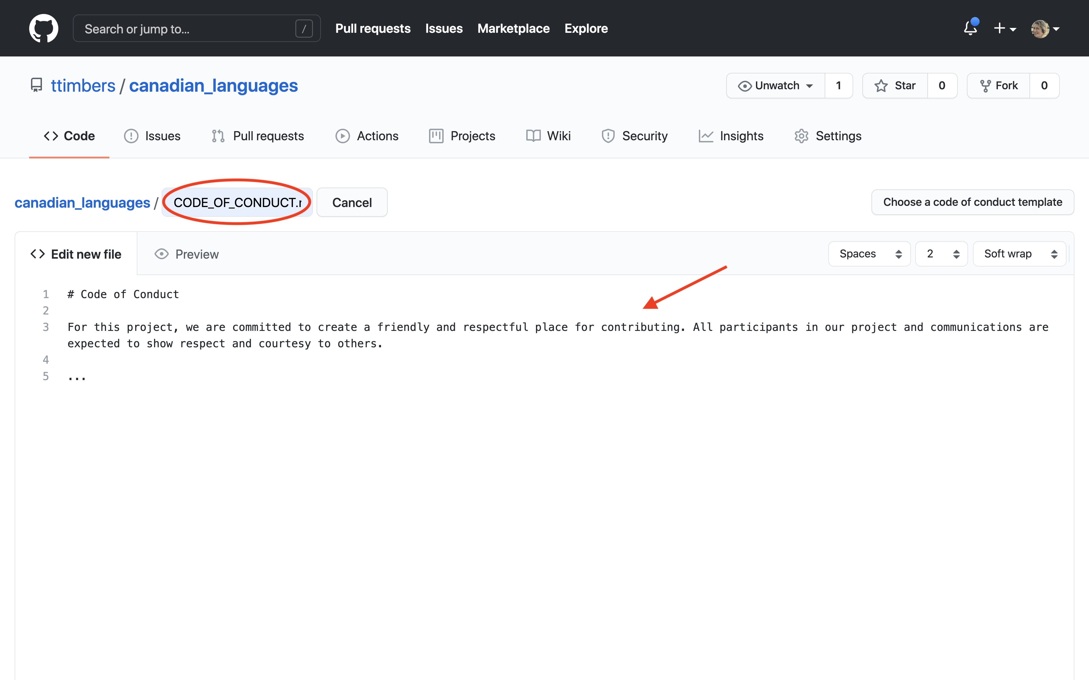 Screenshot of the GitHub new file editor showing the filename text box and the content editing area with "Edit new file" and "Preview" tabs.
