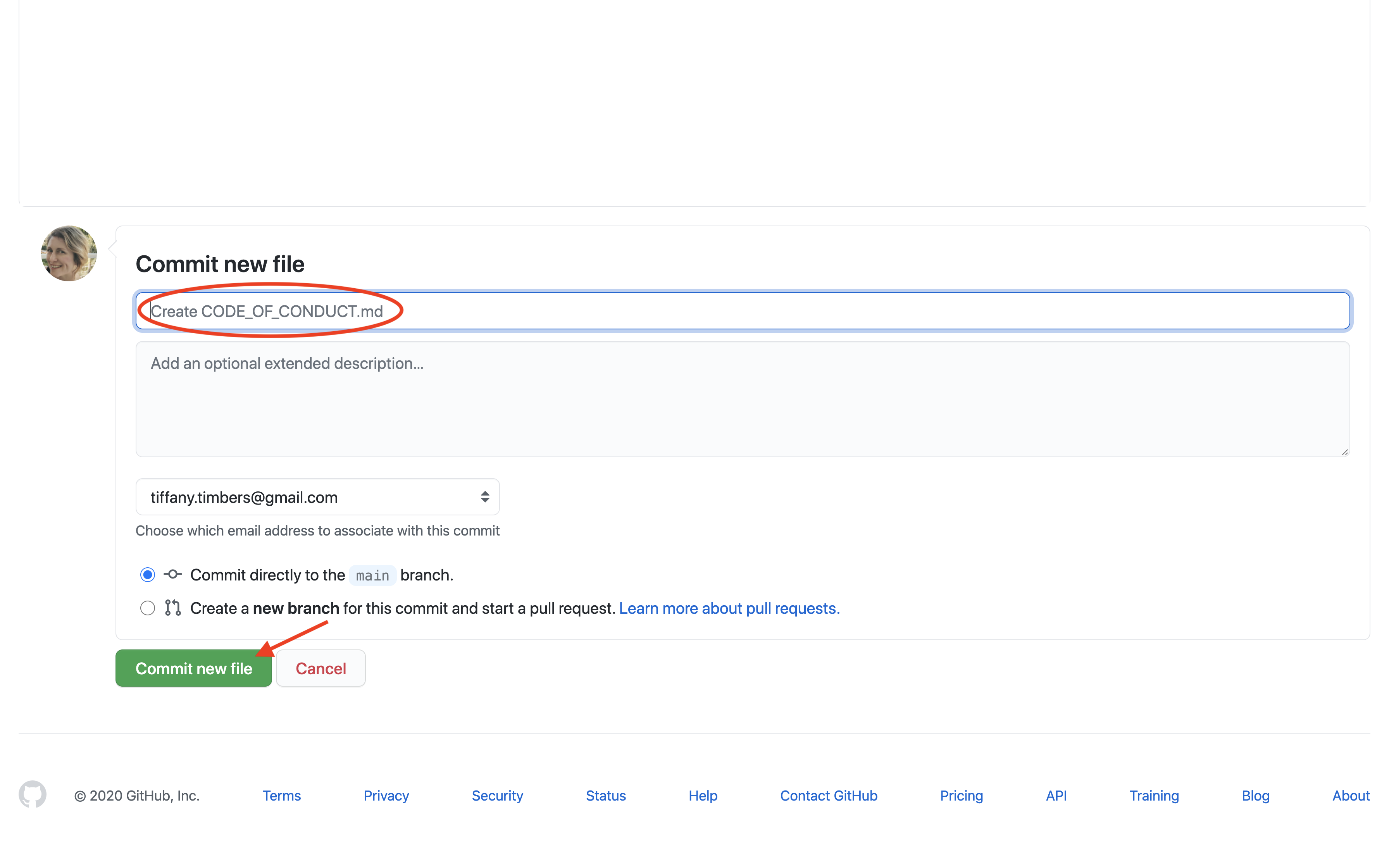 Screenshot of the GitHub commit changes section at the bottom of the new file editor page.