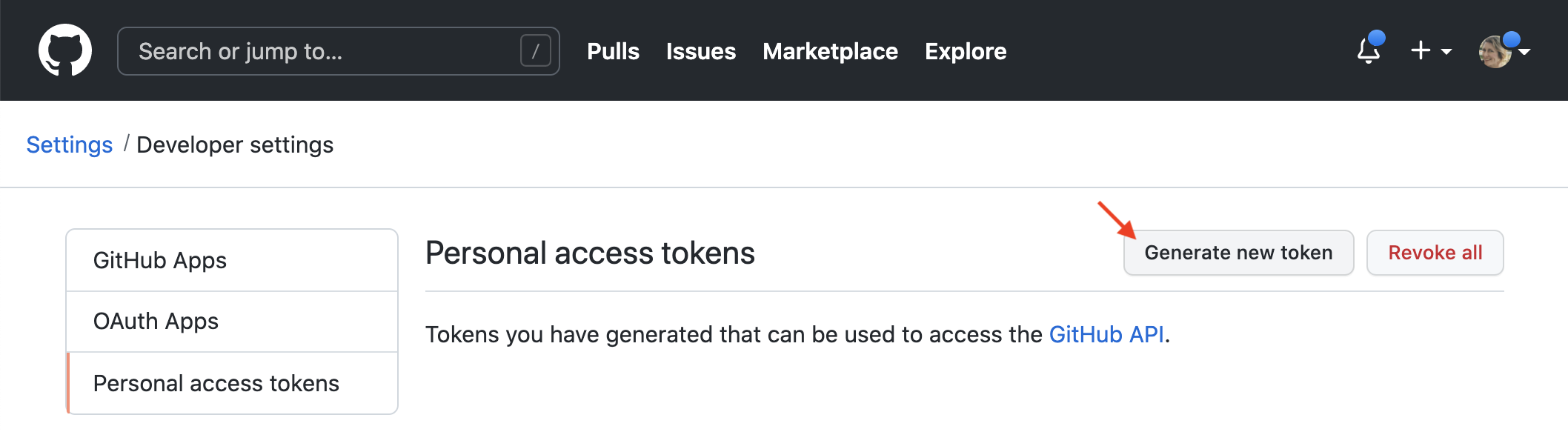 Screenshot of the GitHub "Personal access tokens" page in account settings showing the "Generate new token" button.