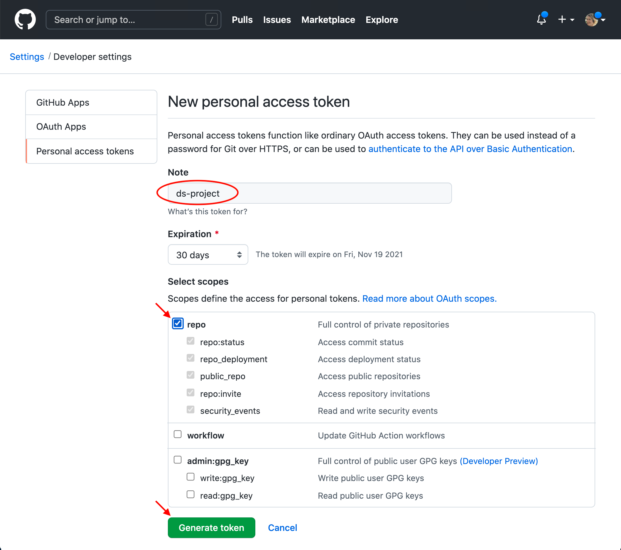 Screenshot of the GitHub personal access token creation form showing the note field, expiration options, and permission checkboxes with "repo" checked.