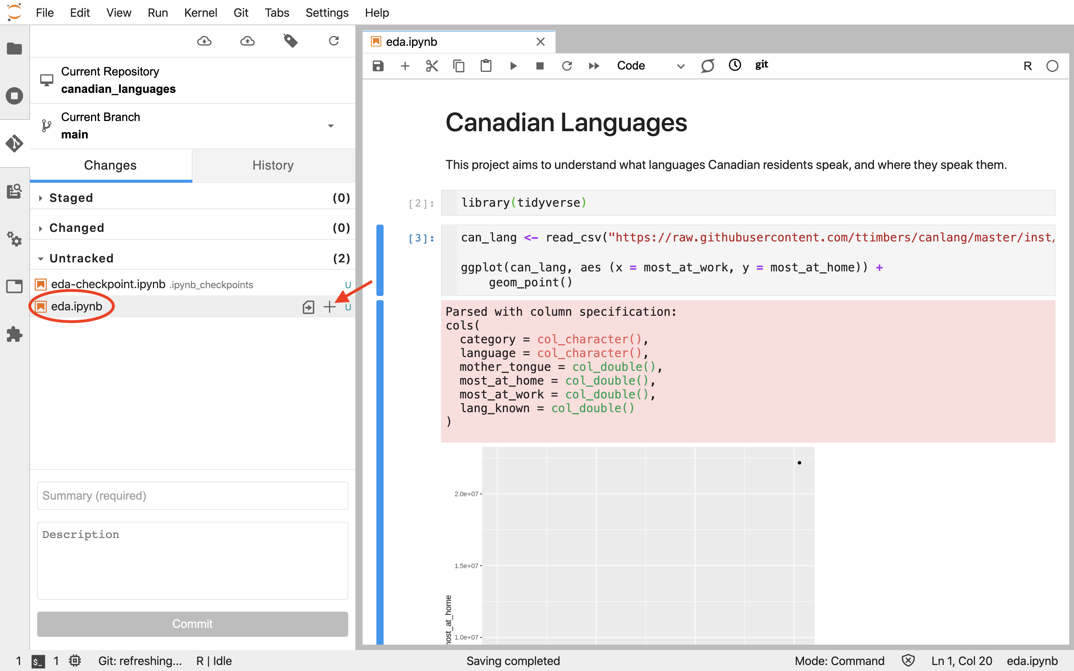 Screenshot of the Jupyter Git extension pane showing eda.ipynb under the Untracked section with a plus sign to add it to the staging area.