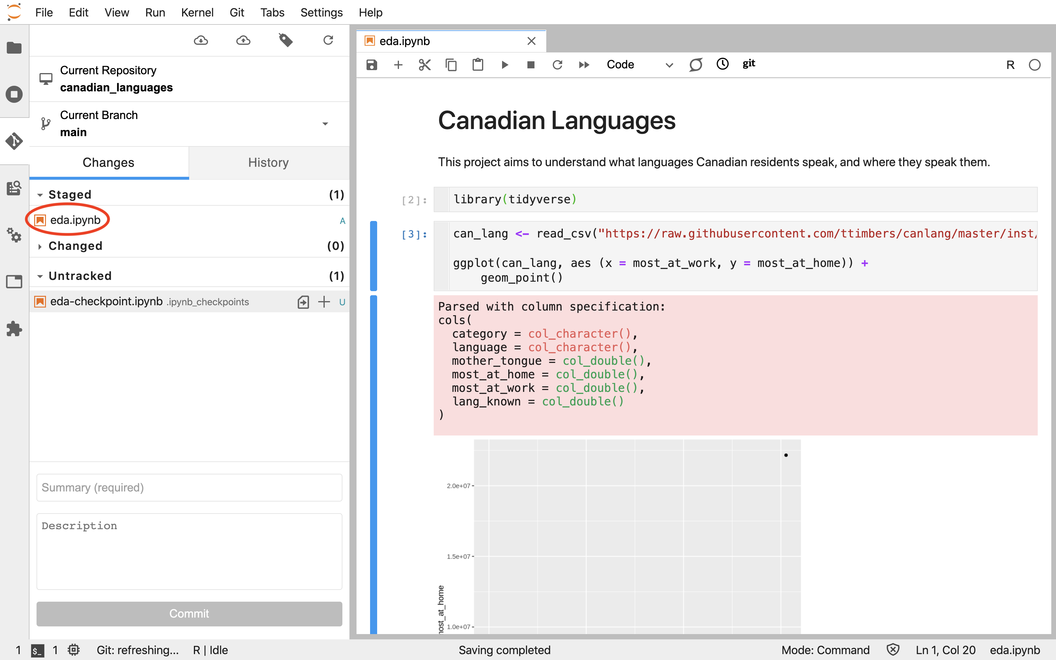 Screenshot of the Jupyter Git extension pane showing eda.ipynb moved to the Staged section, ready to be committed.