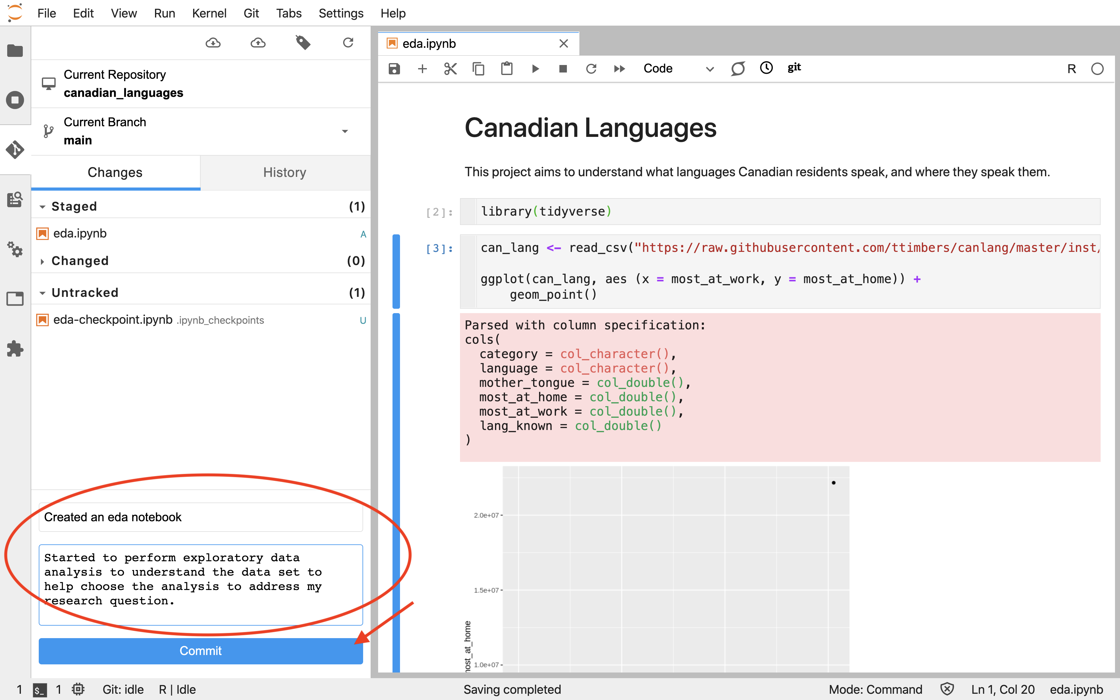 Screenshot of the Jupyter Git extension showing the commit message text box at the bottom of the pane and the blue Commit button.