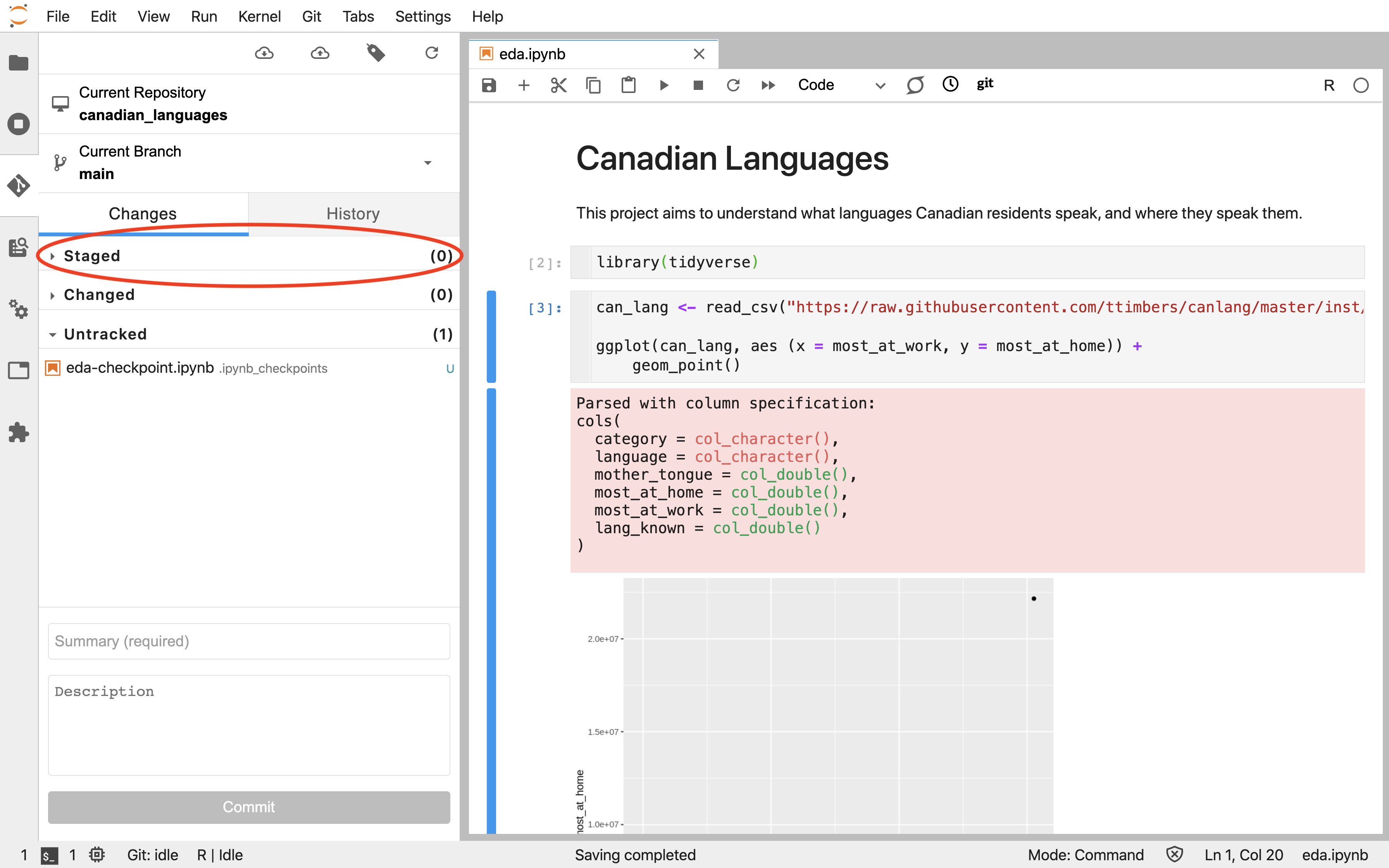 Screenshot of the Jupyter Git extension showing the empty staging area after a successful commit.