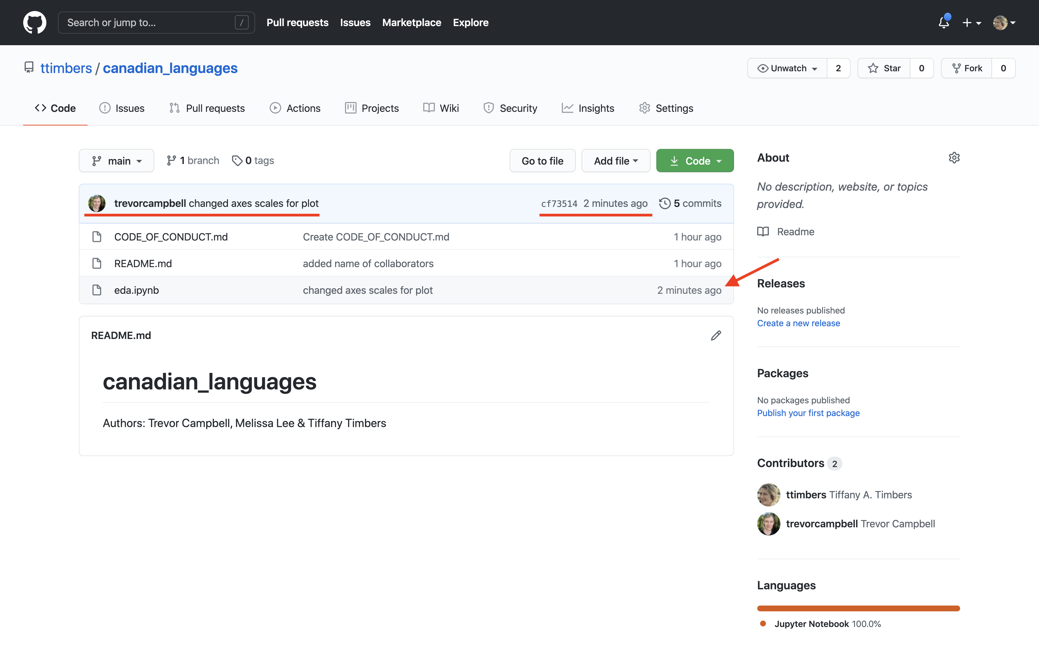 Screenshot of the GitHub repository page showing the most recent commit by a collaborator with the commit message and timestamp.