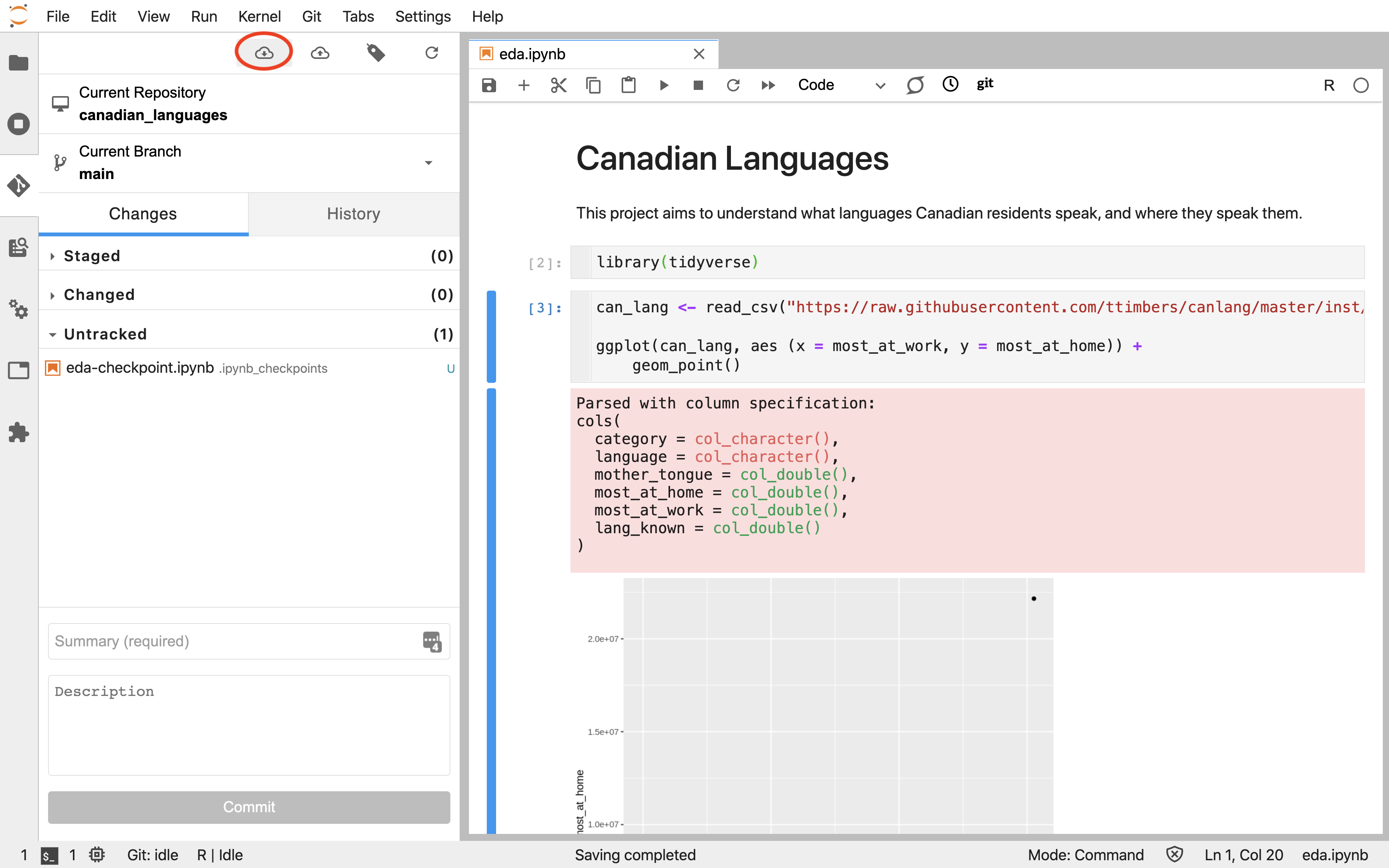 Screenshot of the Jupyter Git extension toolbar with the pull (cloud with down arrow) button highlighted.