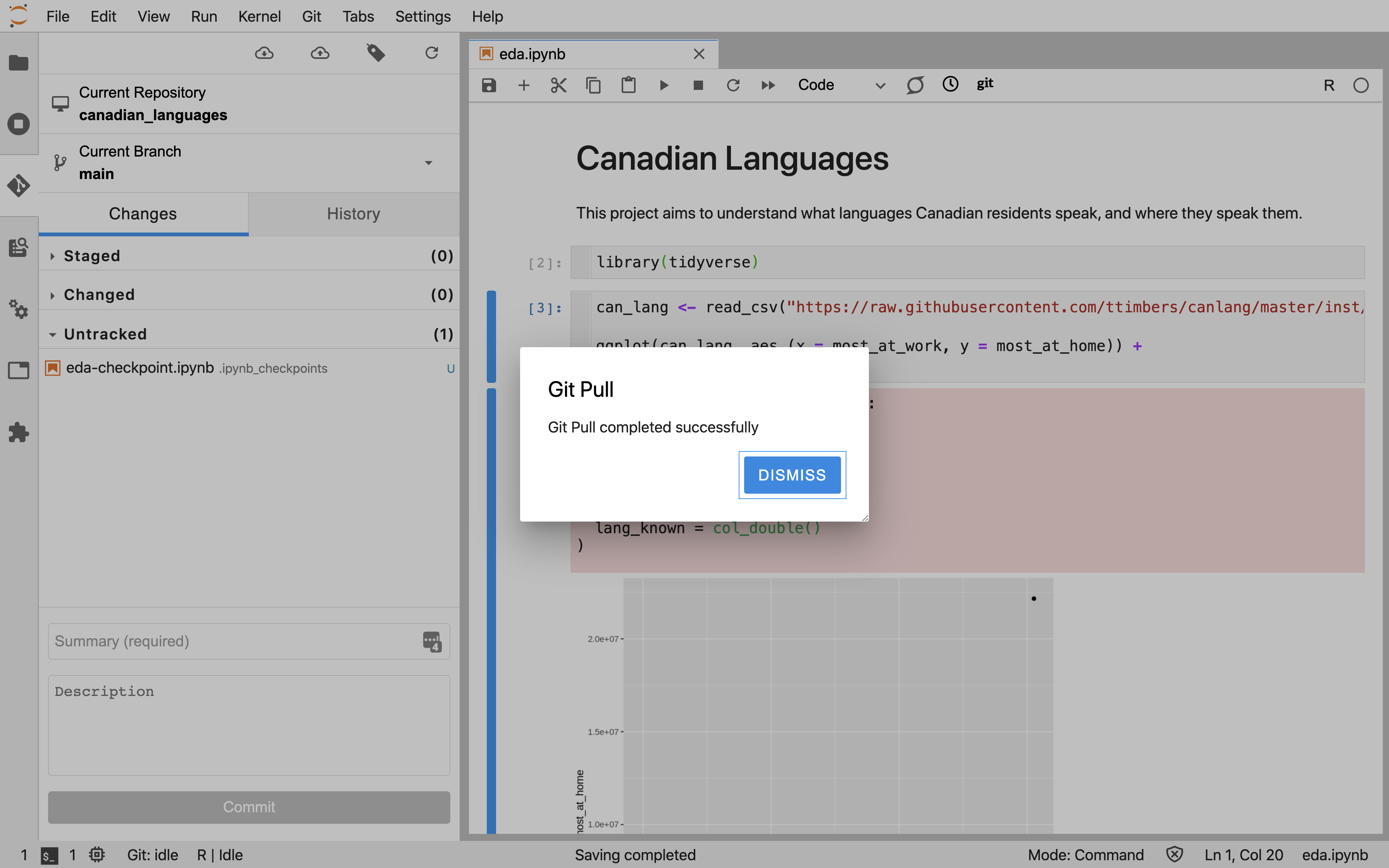 Screenshot of the Jupyter Git success message confirming the pull from GitHub was completed.