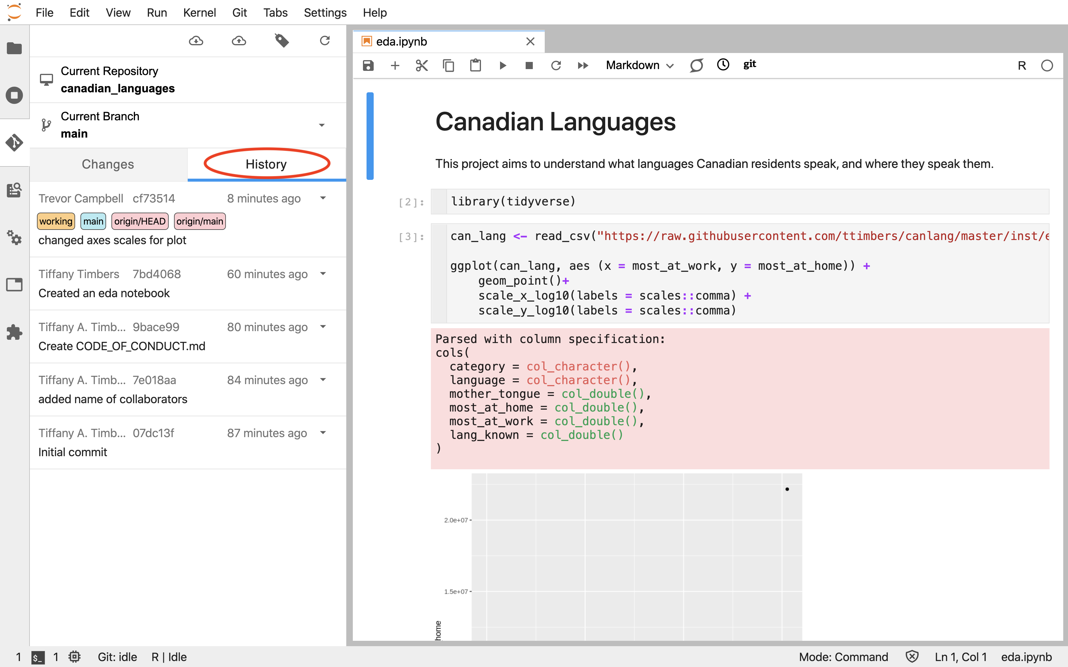 Screenshot of the Jupyter Git extension History view showing the list of commits with their messages, authors, and timestamps.