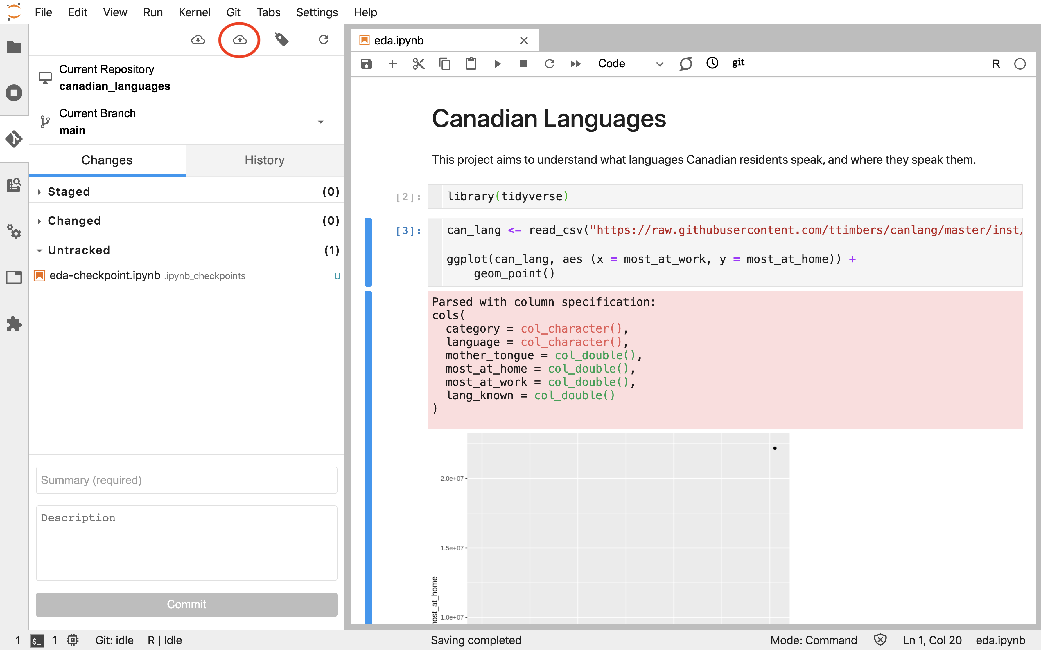 Screenshot of the Jupyter Git extension toolbar with the push (cloud with up arrow) button circled in red.