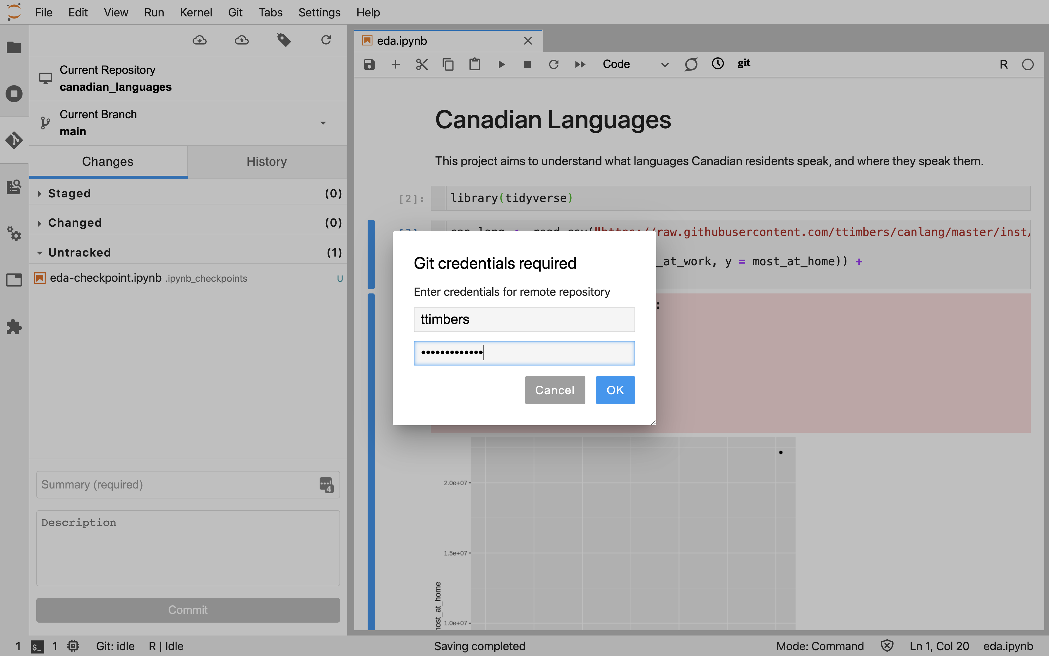Screenshot of the Jupyter Git credentials dialog requesting username and personal access token for GitHub authentication.