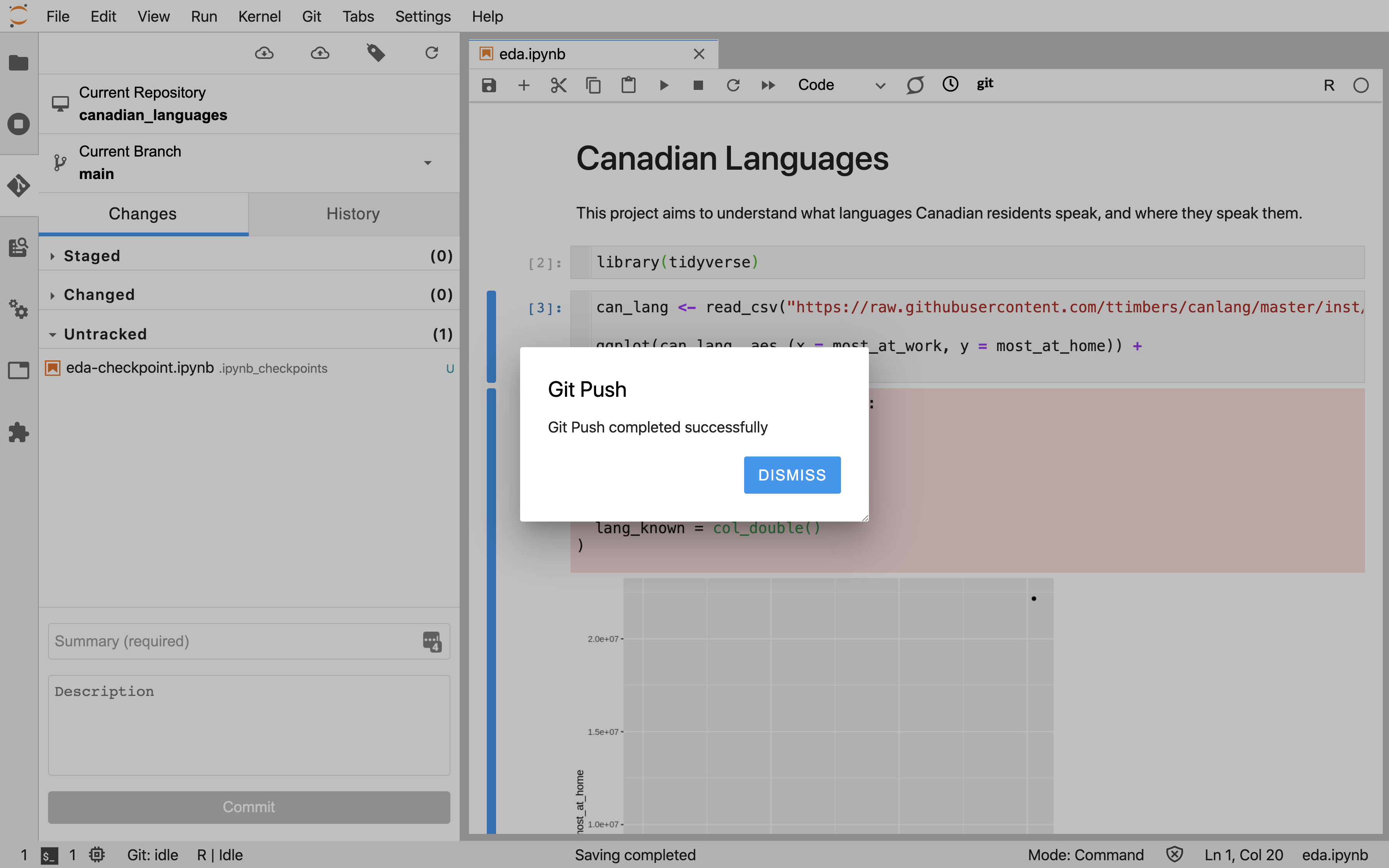 Screenshot of the Jupyter Git success message confirming that the push to GitHub was completed successfully.