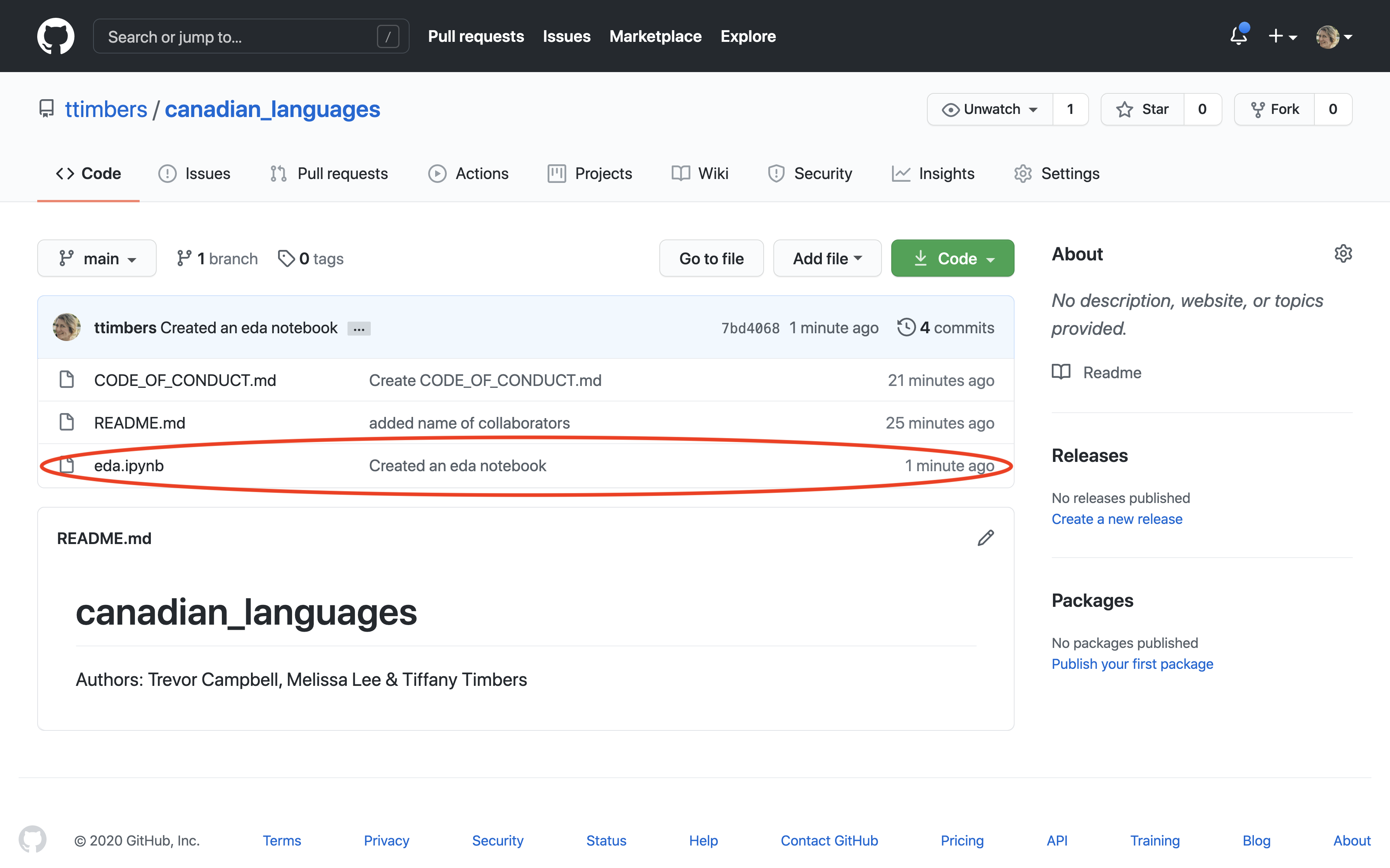 Screenshot of the GitHub repository page showing the newly pushed eda.ipynb file with its commit message and timestamp.