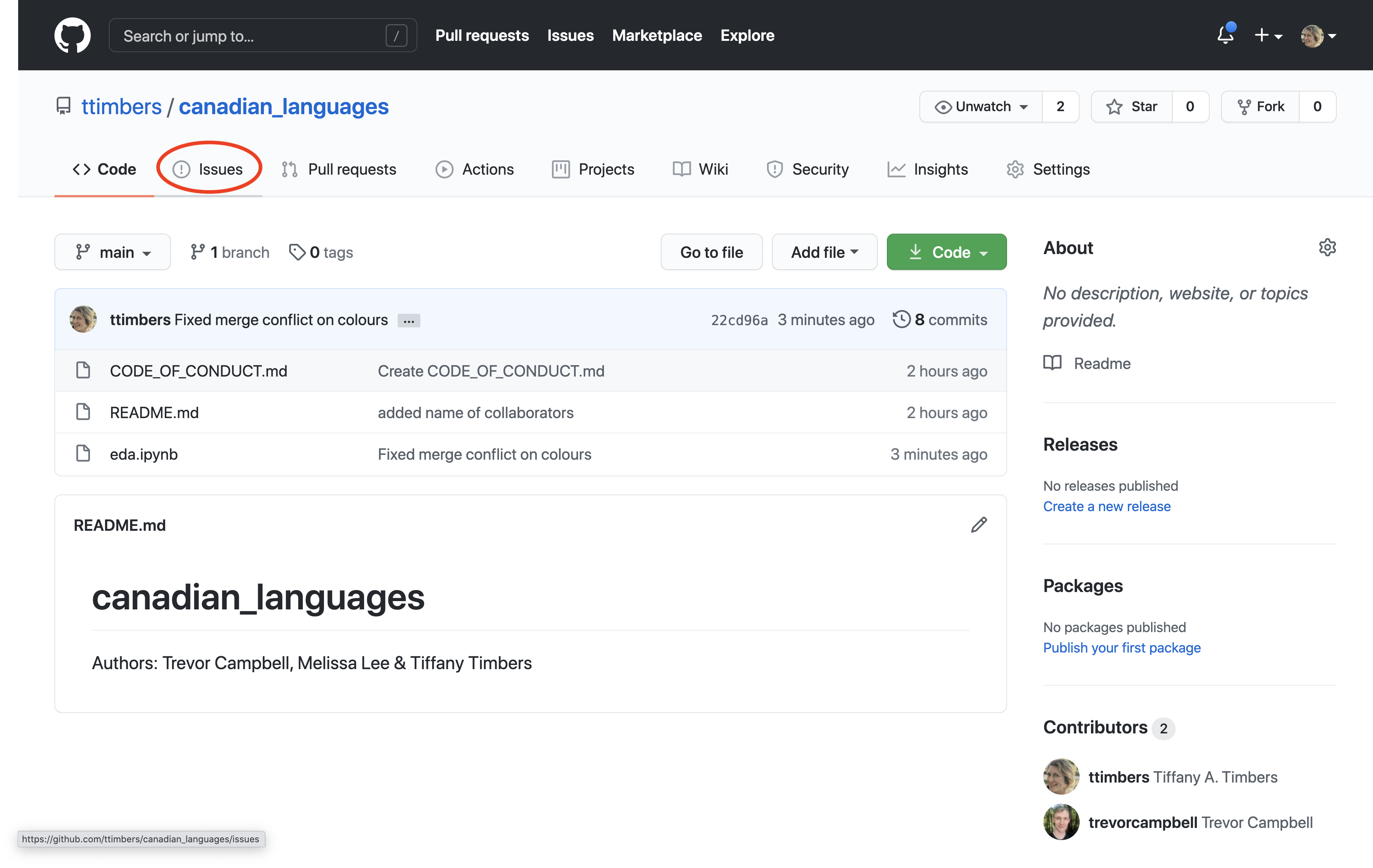 Screenshot of a GitHub repository page with the Issues tab highlighted in the top navigation bar.