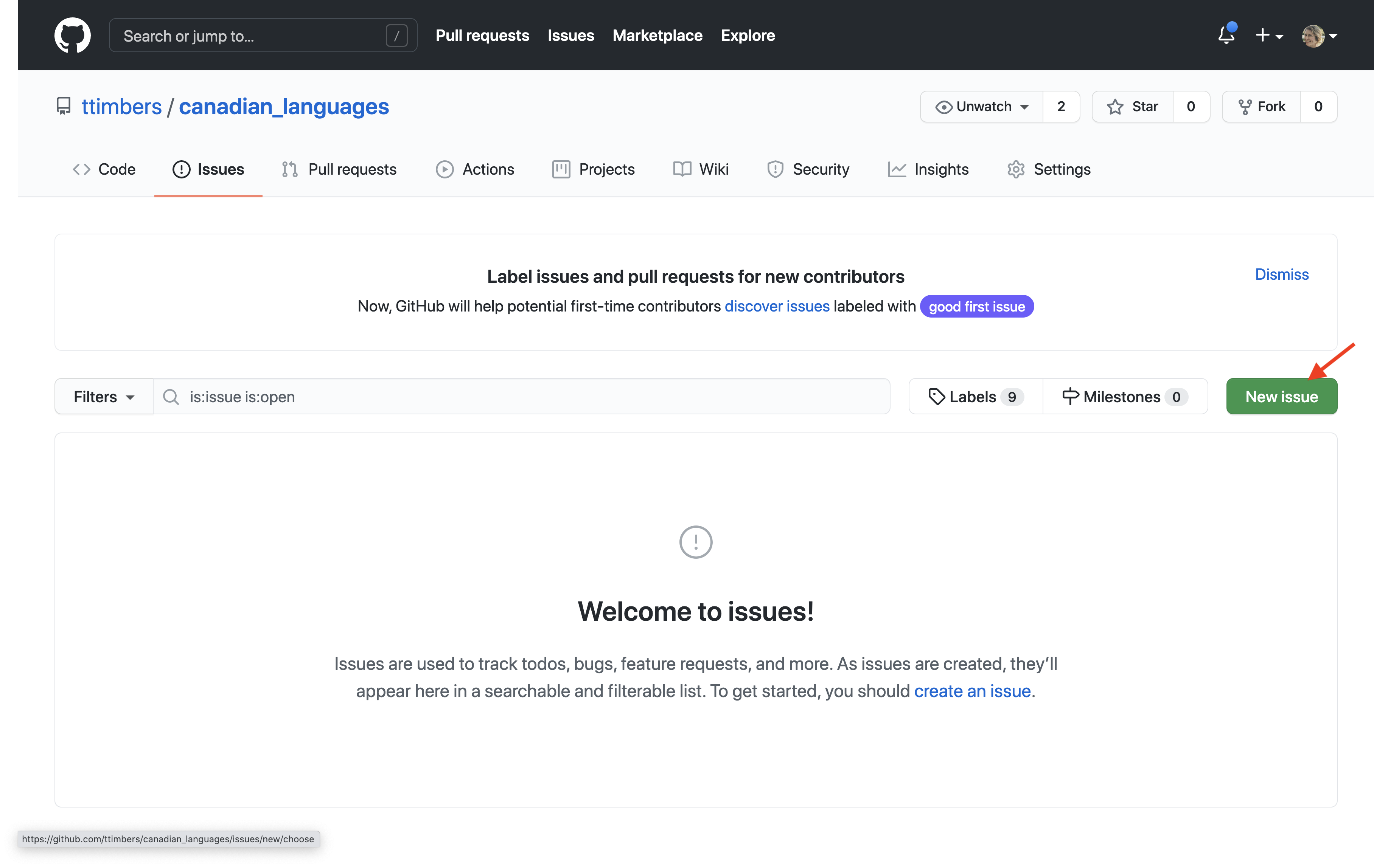 Screenshot of the GitHub Issues tab showing the green "New issue" button.