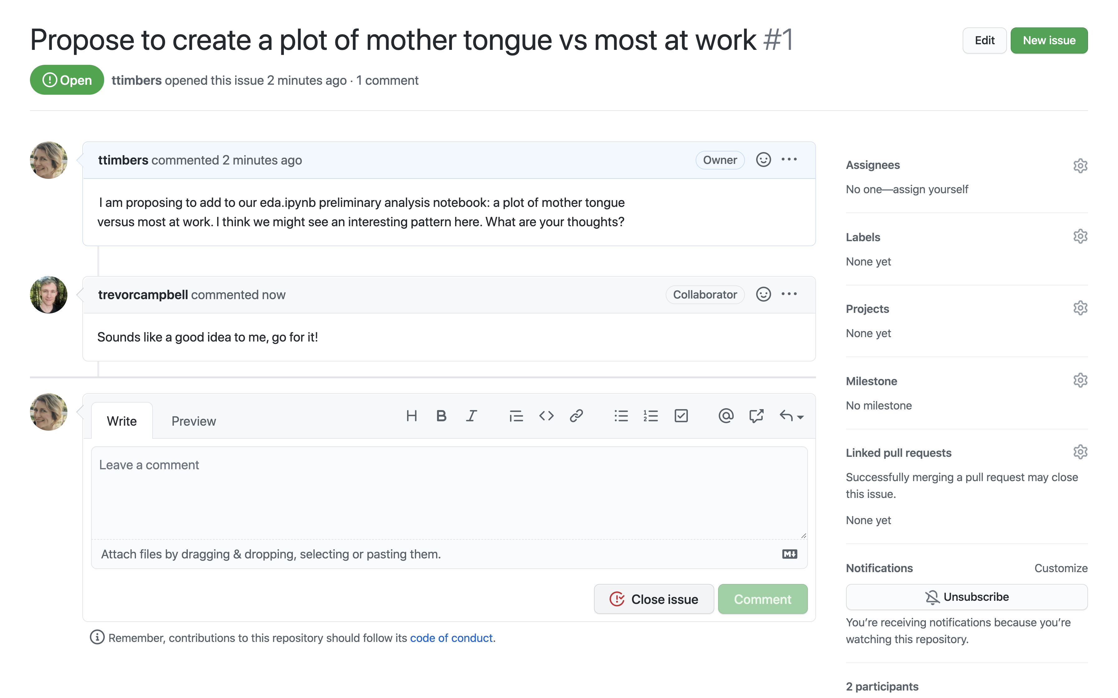 Screenshot of a GitHub issue thread showing the comment text box and green "Comment" button for replying to the issue.