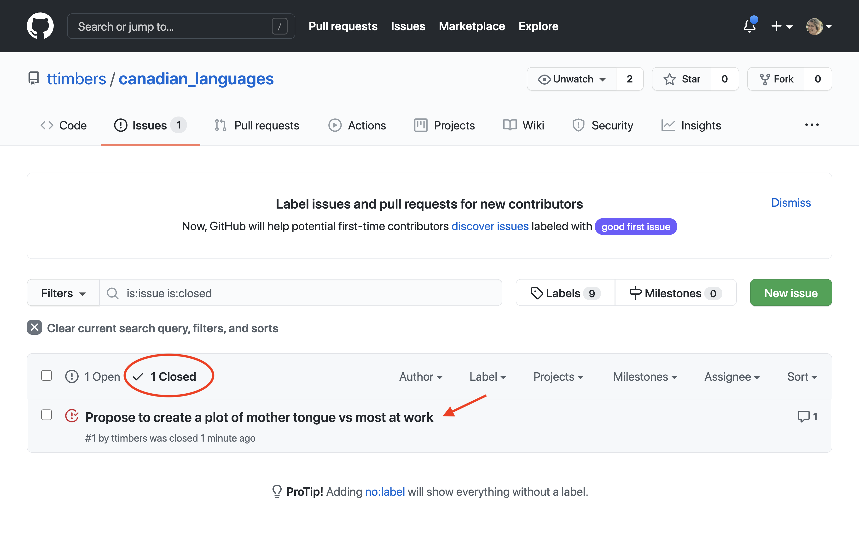 Screenshot of the GitHub Issues tab showing the "Closed" filter link that lists all closed issues.